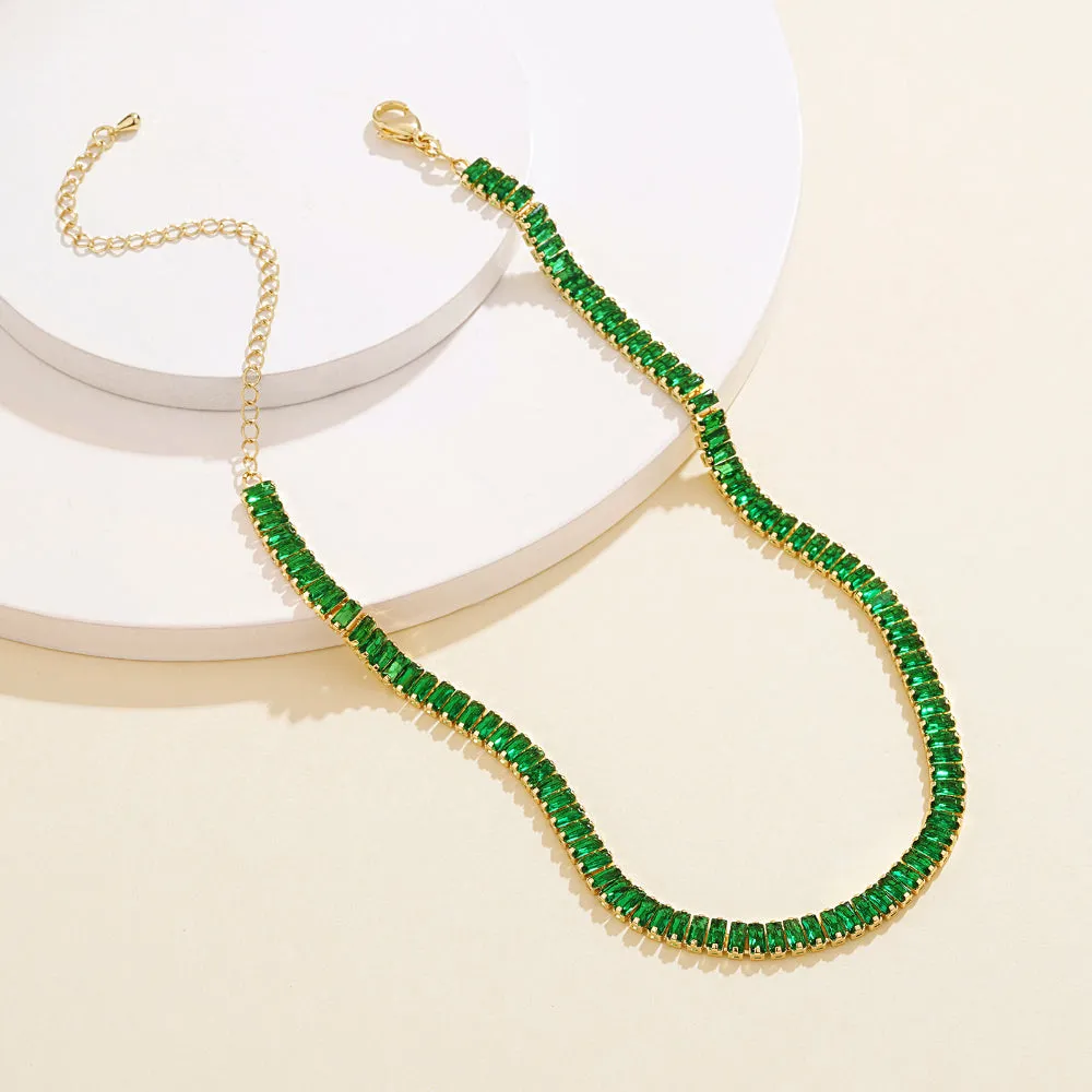 14K Gold Diamond Tennis Necklace CZ Baguette Tennis Chain- Green Baguette CZ