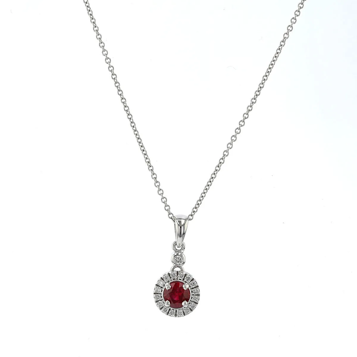 14K White Gold Ruby and Diamond Halo Pendant Necklace