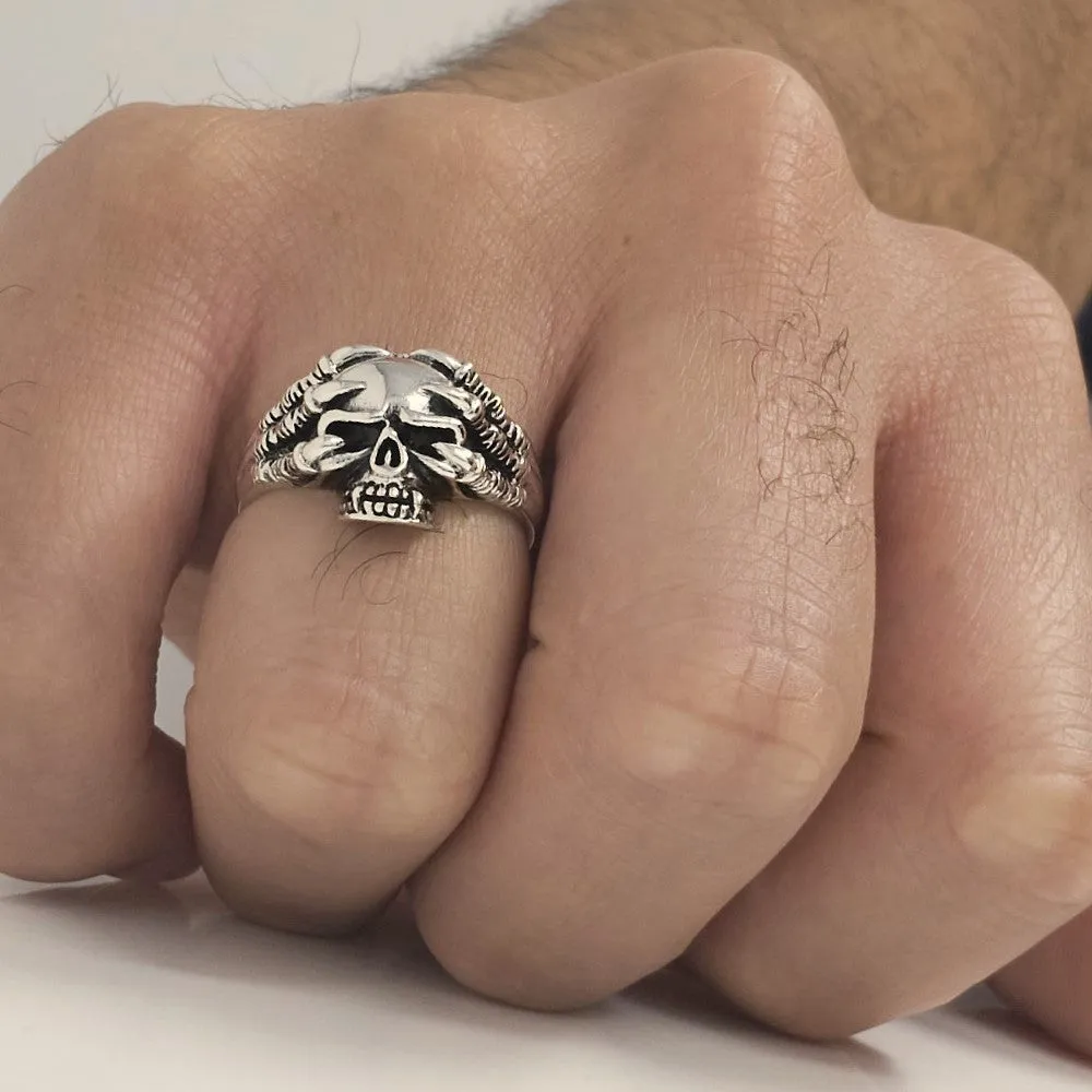 925 Sterling Silver Eagle Claw Skull Ring for Men