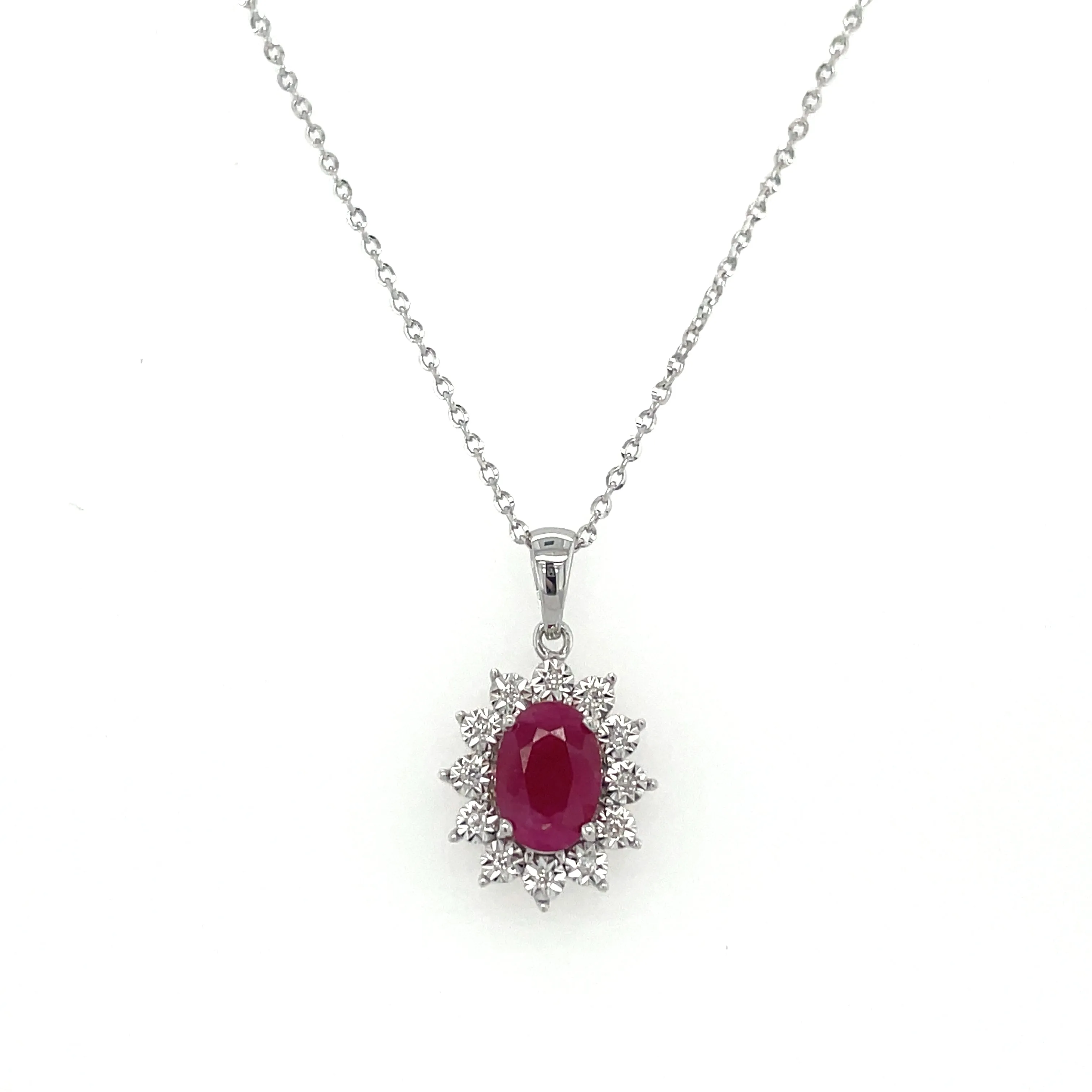 9ct White Gold Oval 0.89ct Ruby & Diamond Halo Pendant