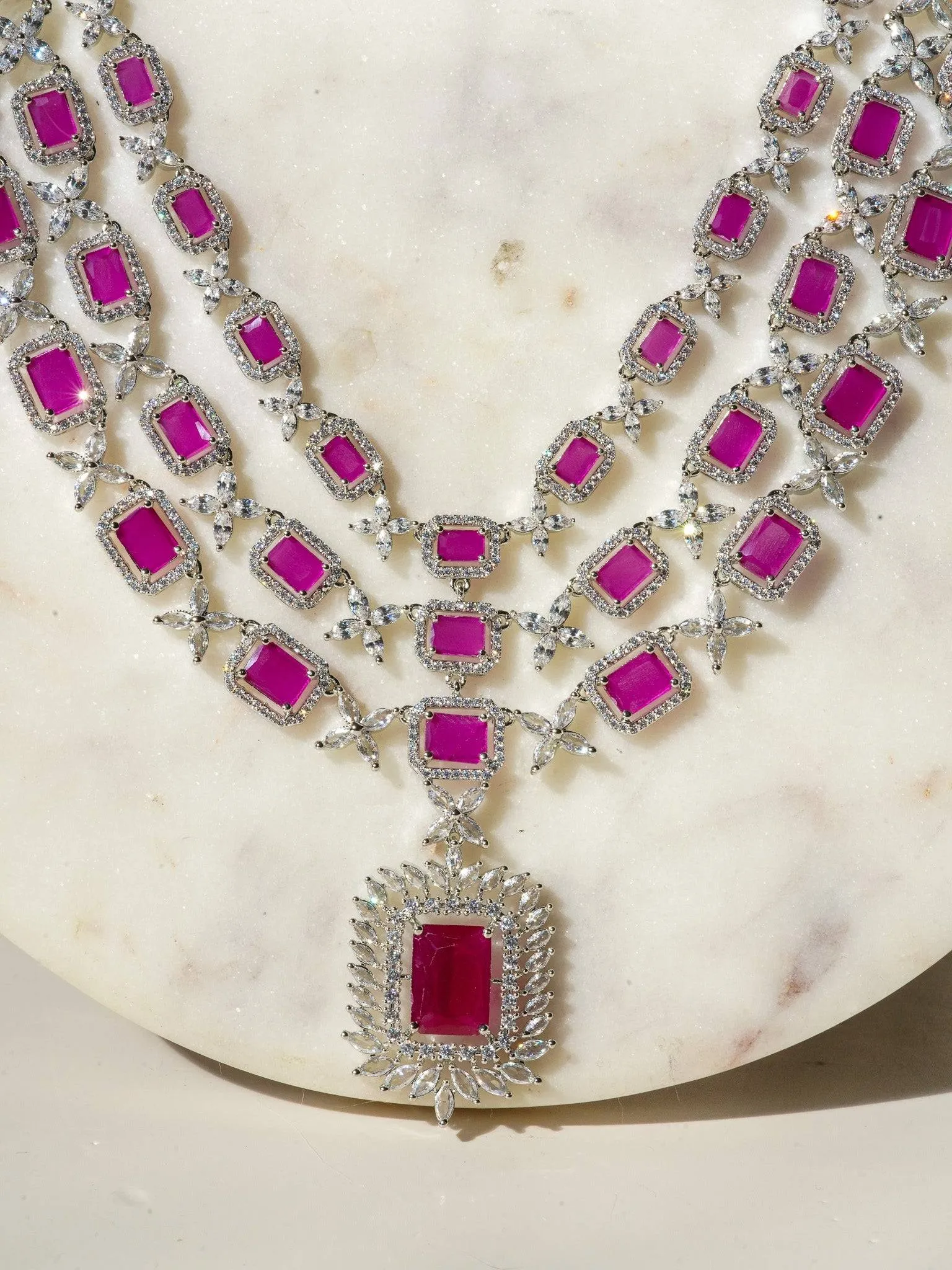 Amisha - Triple Layer Diamante Accent AD Necklace Set