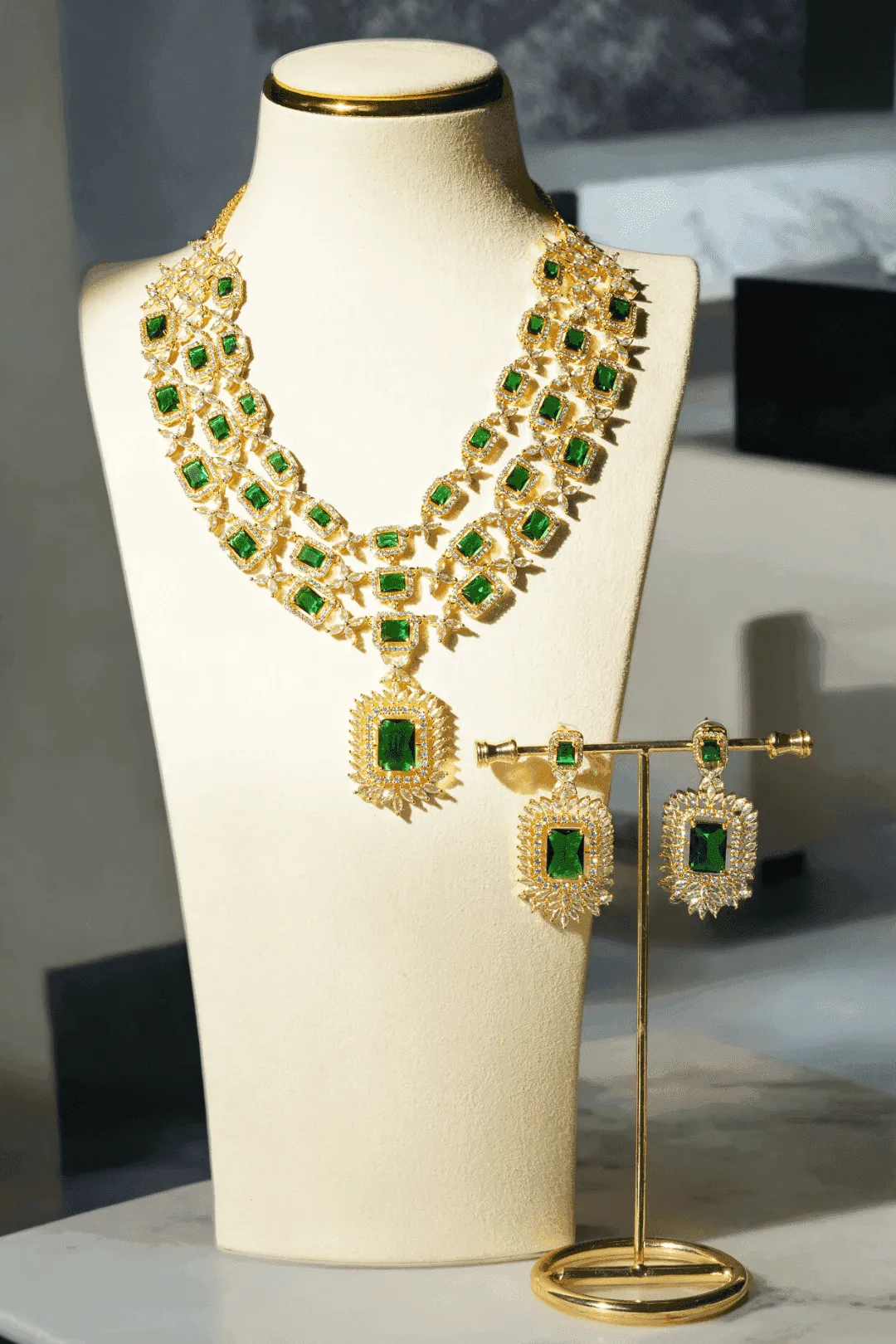 Amisha - Triple Layer Diamante Accent AD Necklace Set