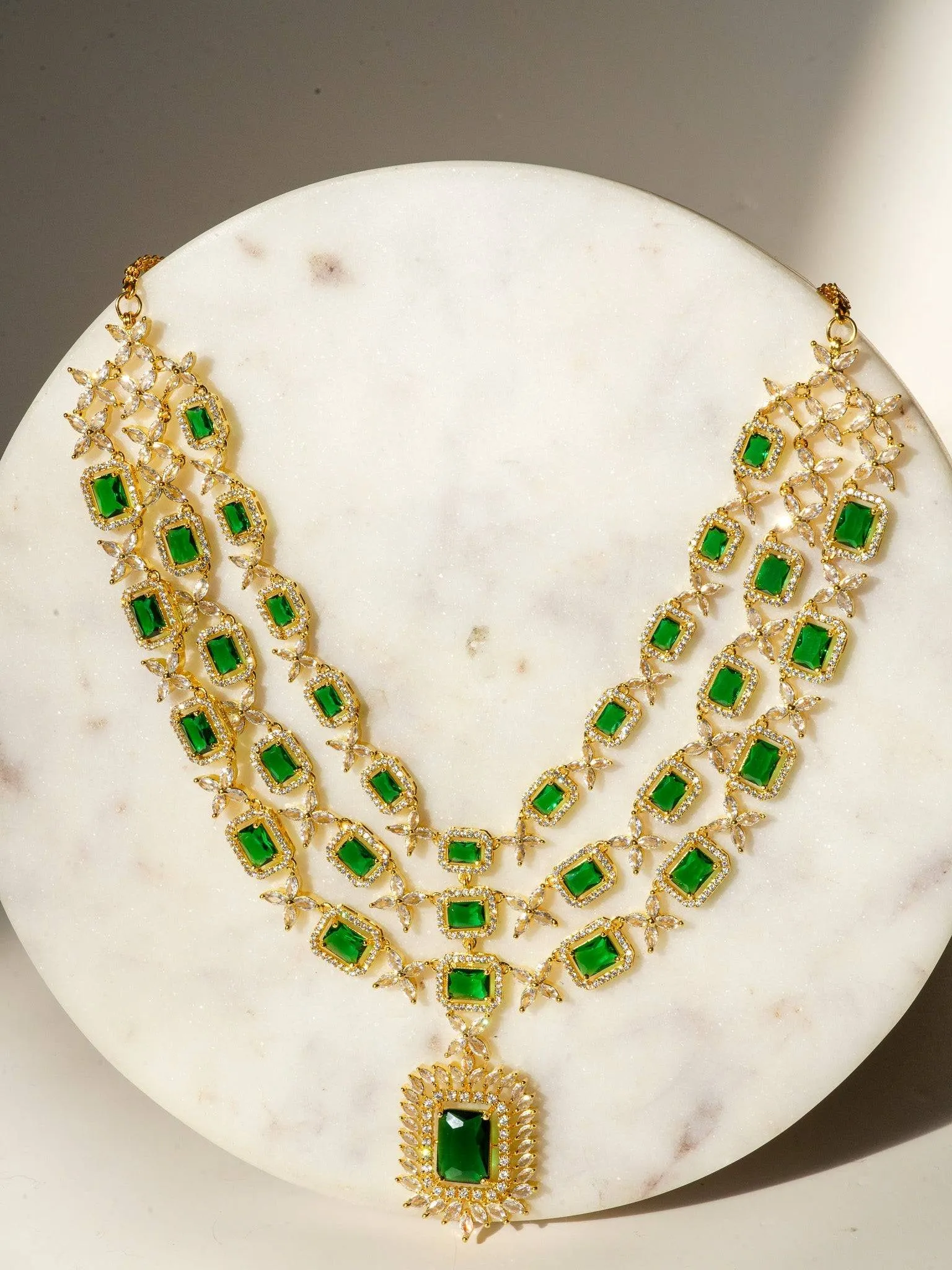 Amisha - Triple Layer Diamante Accent AD Necklace Set