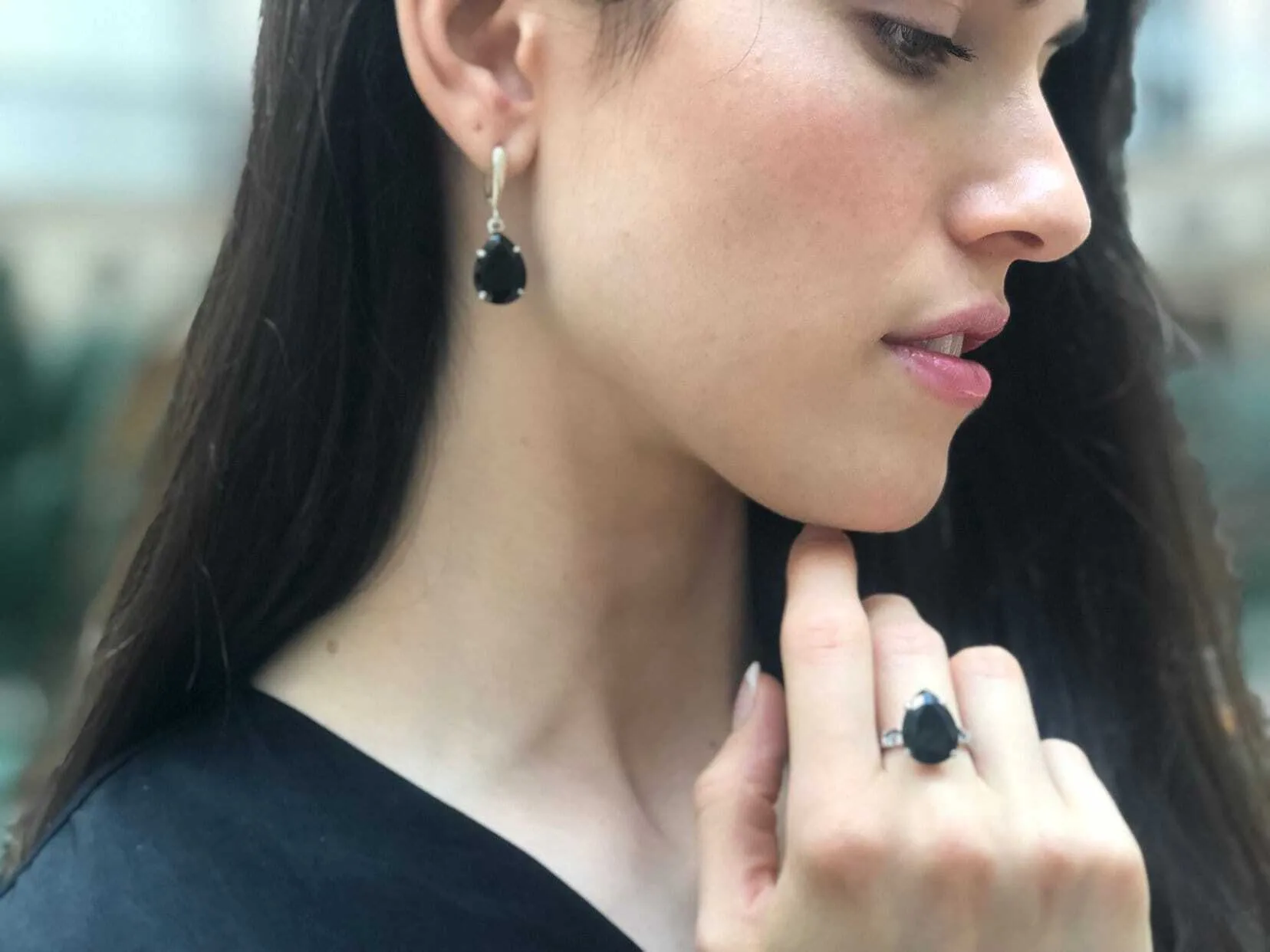 Black Onyx Ring - Large Teardrop Ring - Vintage Statement Ring
