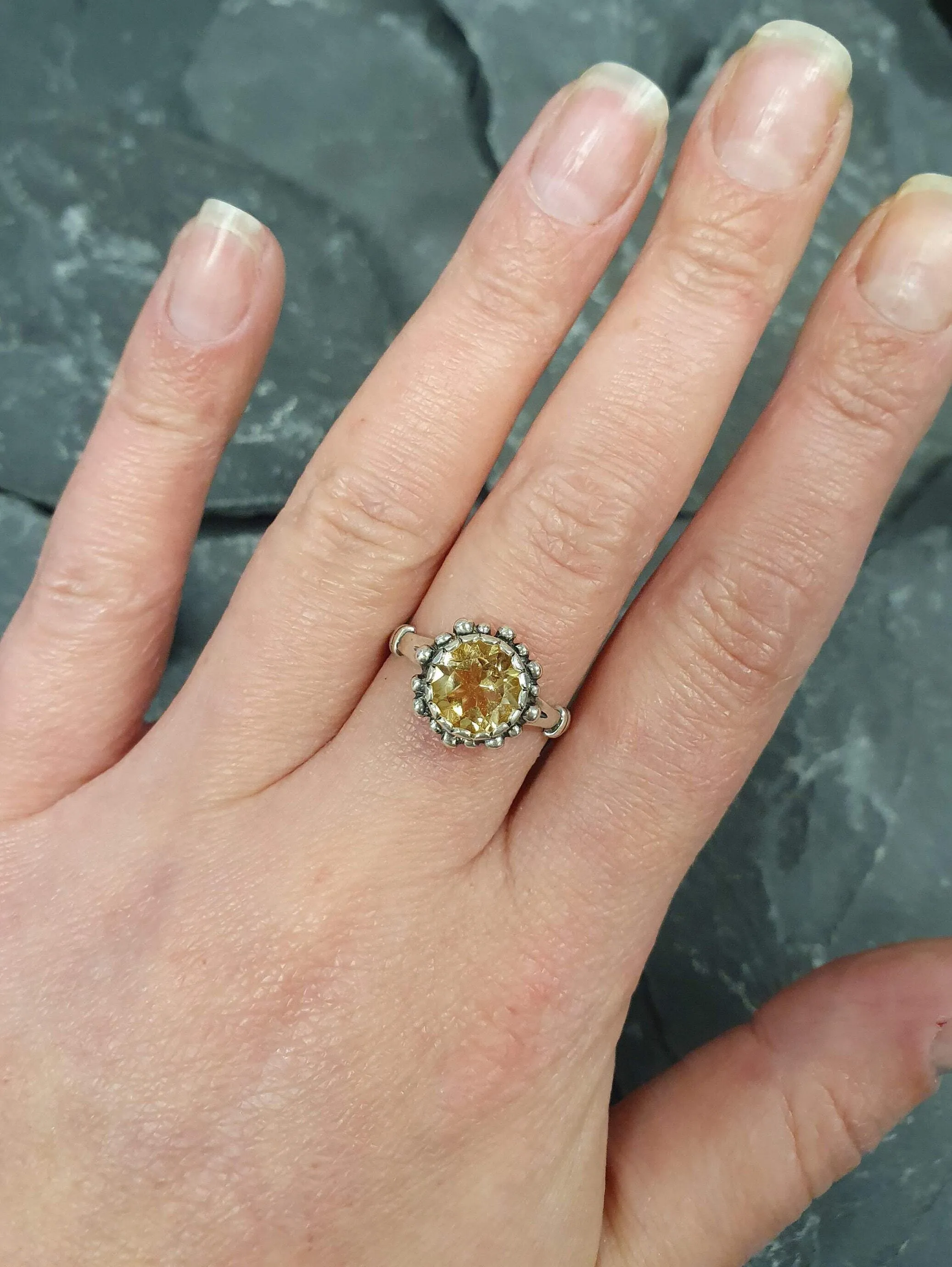 Citrine Solitaire Ring - Yellow Flower Ring - Vintage Citrine Ring