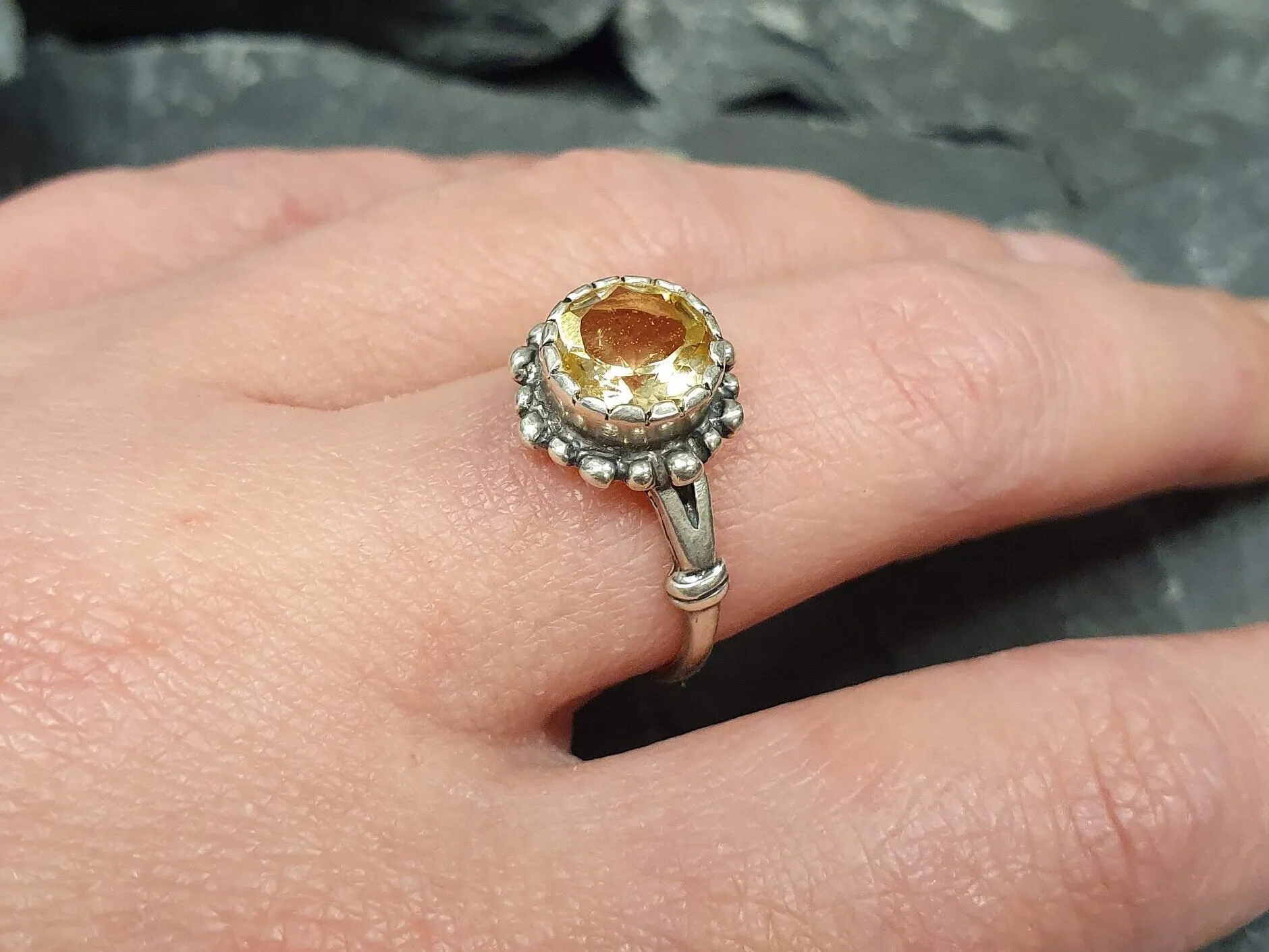 Citrine Solitaire Ring - Yellow Flower Ring - Vintage Citrine Ring