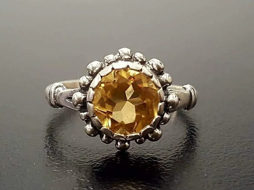 Citrine Solitaire Ring - Yellow Flower Ring - Vintage Citrine Ring
