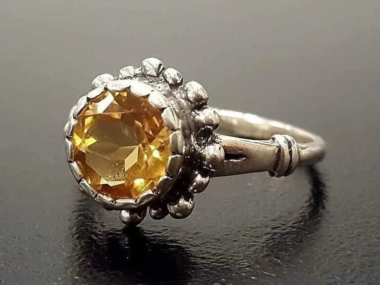 Citrine Solitaire Ring - Yellow Flower Ring - Vintage Citrine Ring
