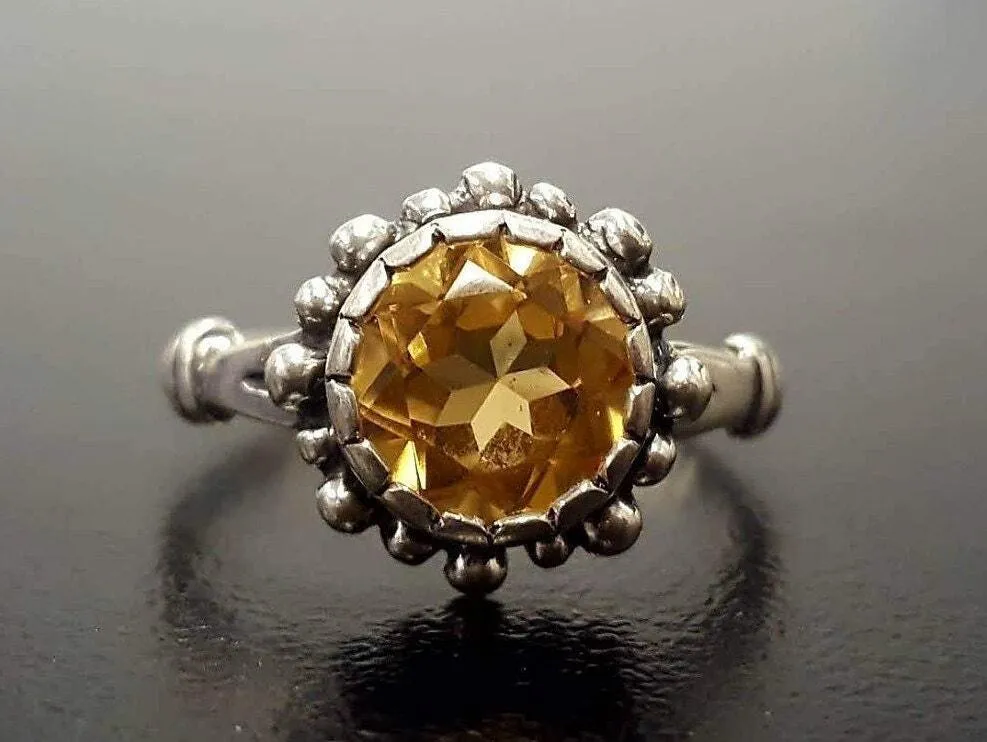 Citrine Solitaire Ring - Yellow Flower Ring - Vintage Citrine Ring