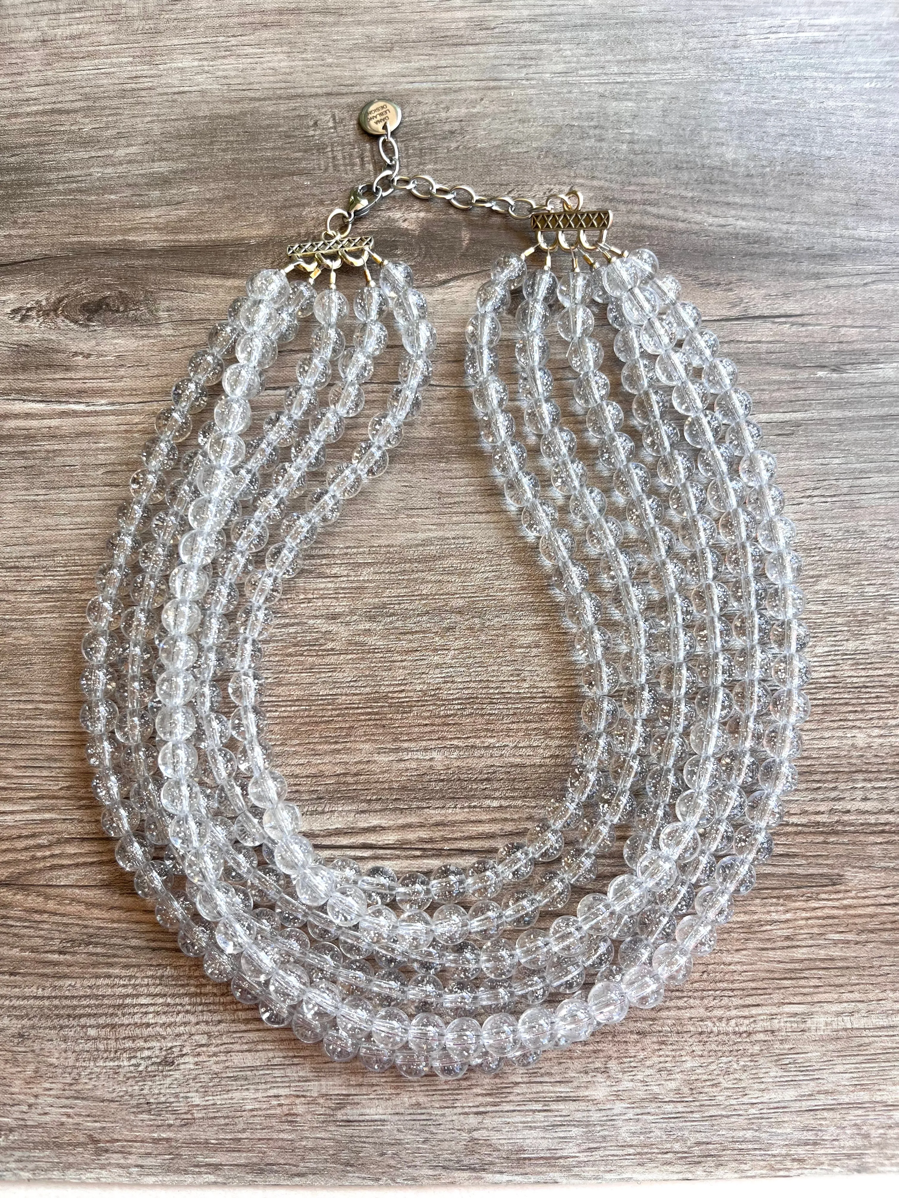 Clear Silver Glitter Acrylic Lucite Bead Chunky Multi Strand Statement Necklace - Alana