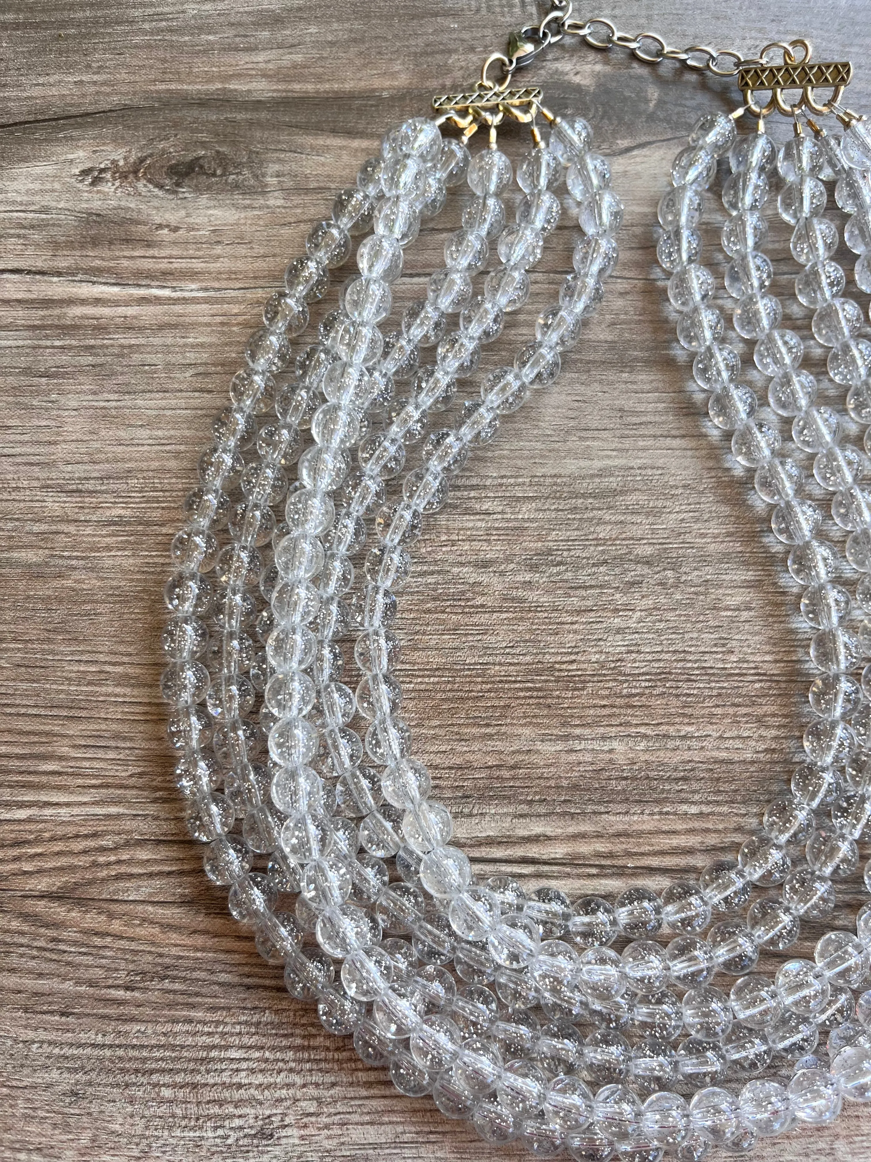 Clear Silver Glitter Acrylic Lucite Bead Chunky Multi Strand Statement Necklace - Alana