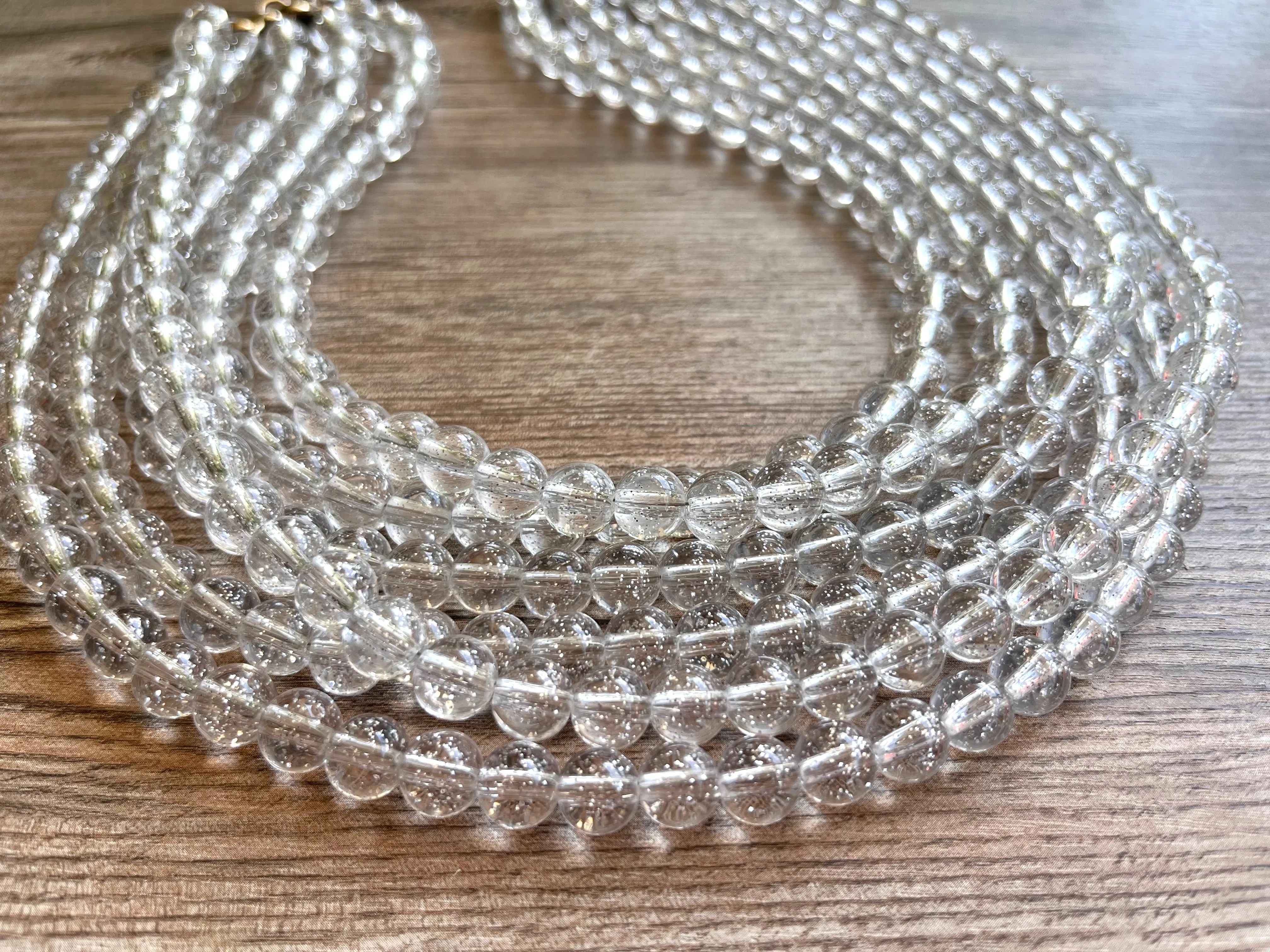 Clear Silver Glitter Acrylic Lucite Bead Chunky Multi Strand Statement Necklace - Alana