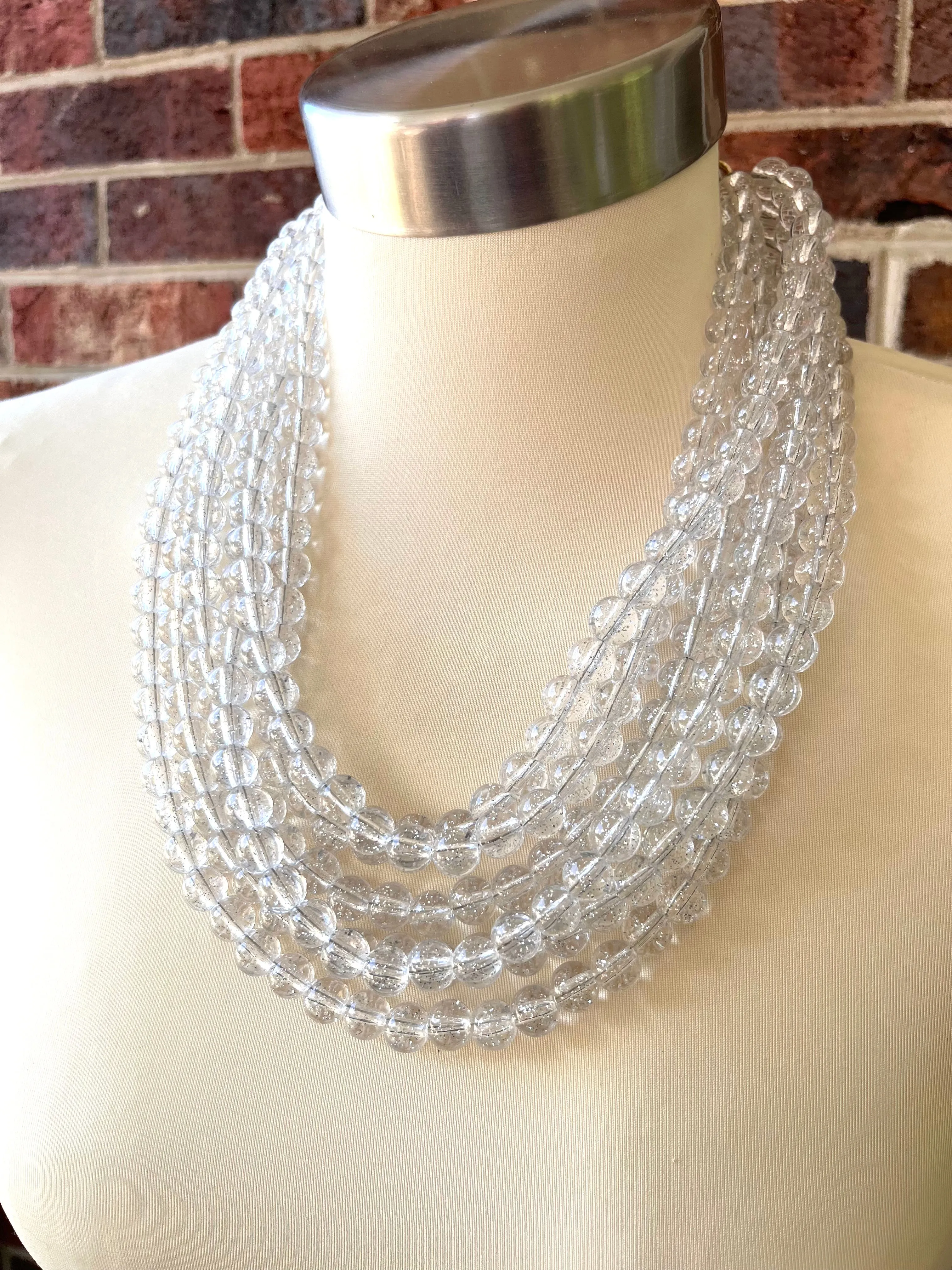 Clear Silver Glitter Acrylic Lucite Bead Chunky Multi Strand Statement Necklace - Alana