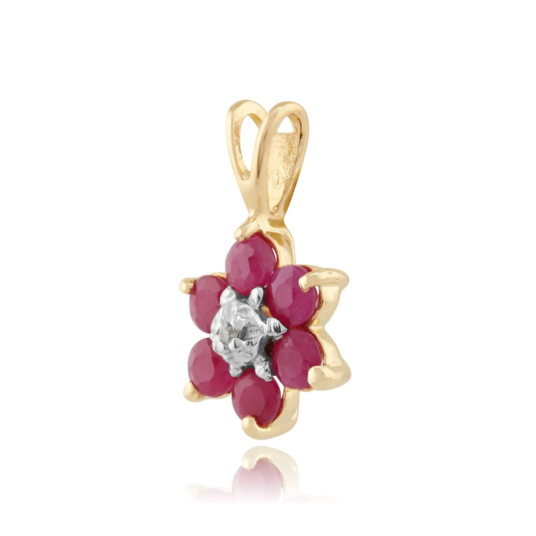 Damen 375 Gold 9ct Gelbgold Rund Six Rubin & Diamant Blumen Cluster Anhänger Halskette Rot 45cm