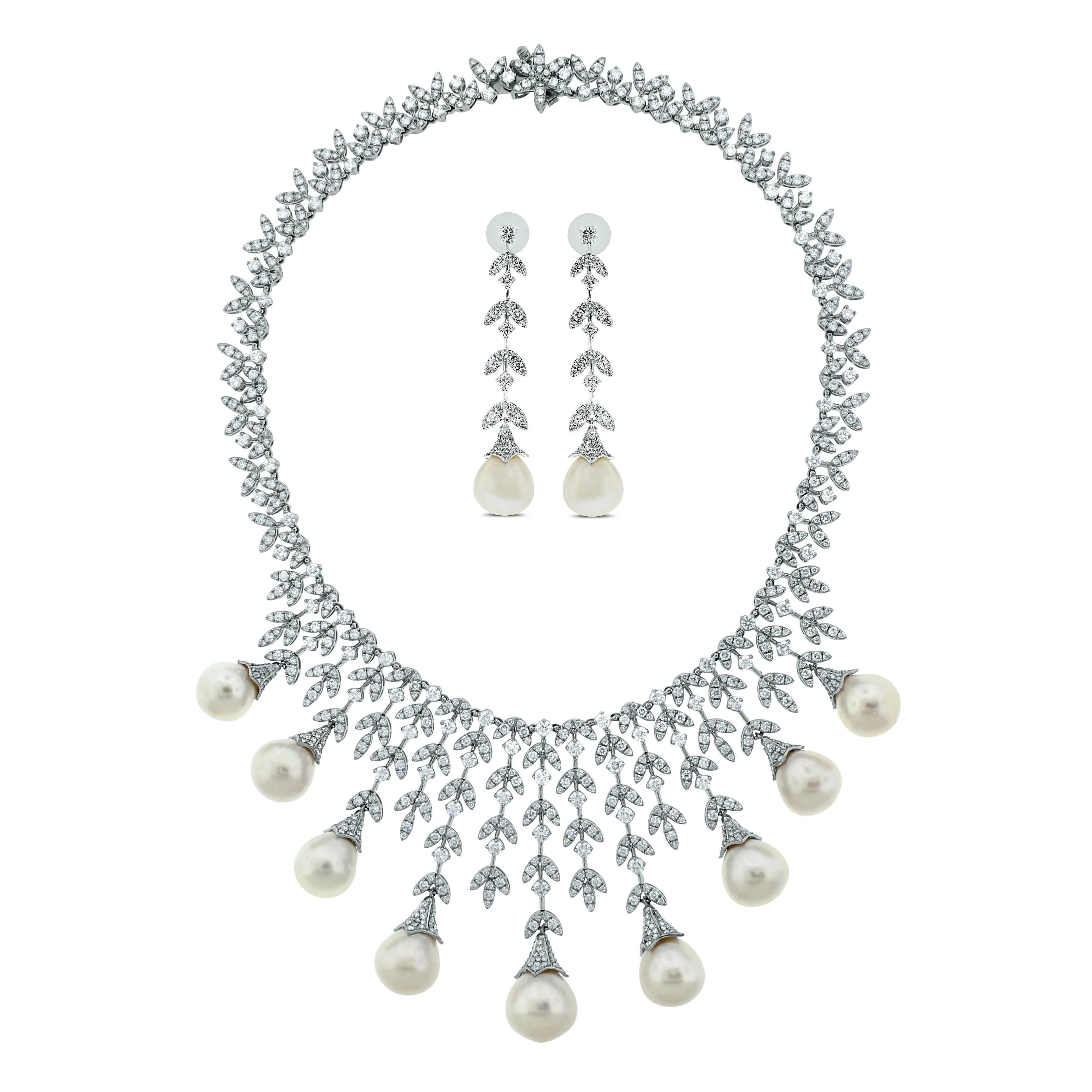 Diamond & Pearl Vines Necklace (156.06 ct Pearls & Diamonds) in White Gold