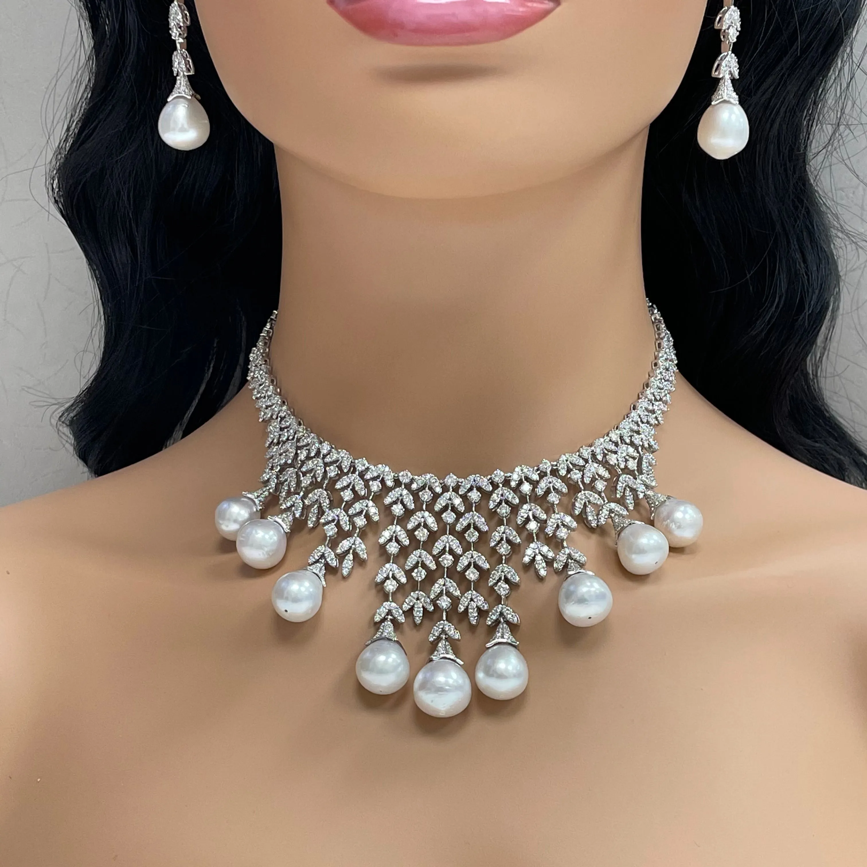 Diamond & Pearl Vines Necklace (156.06 ct Pearls & Diamonds) in White Gold