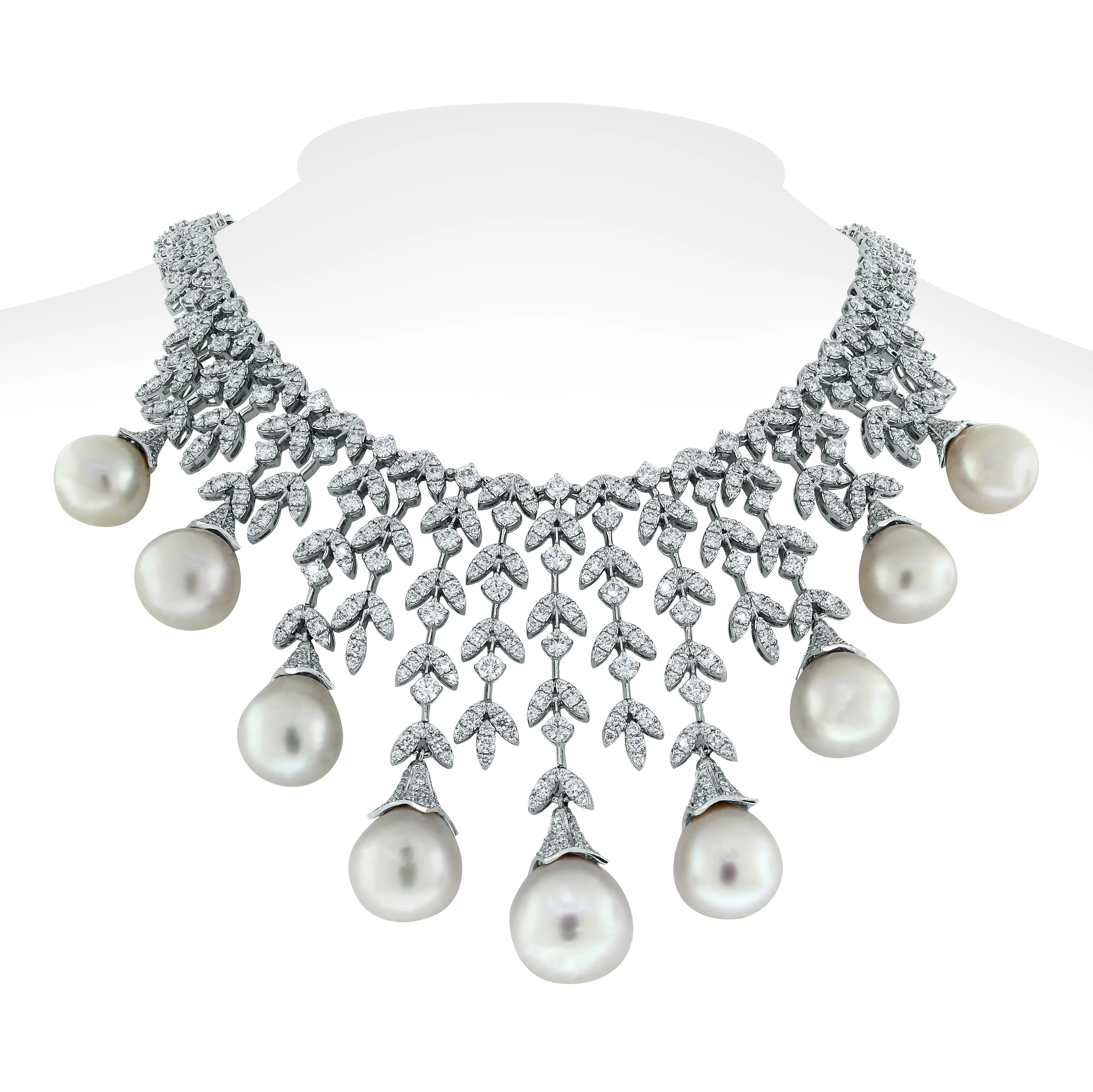 Diamond & Pearl Vines Necklace (156.06 ct Pearls & Diamonds) in White Gold
