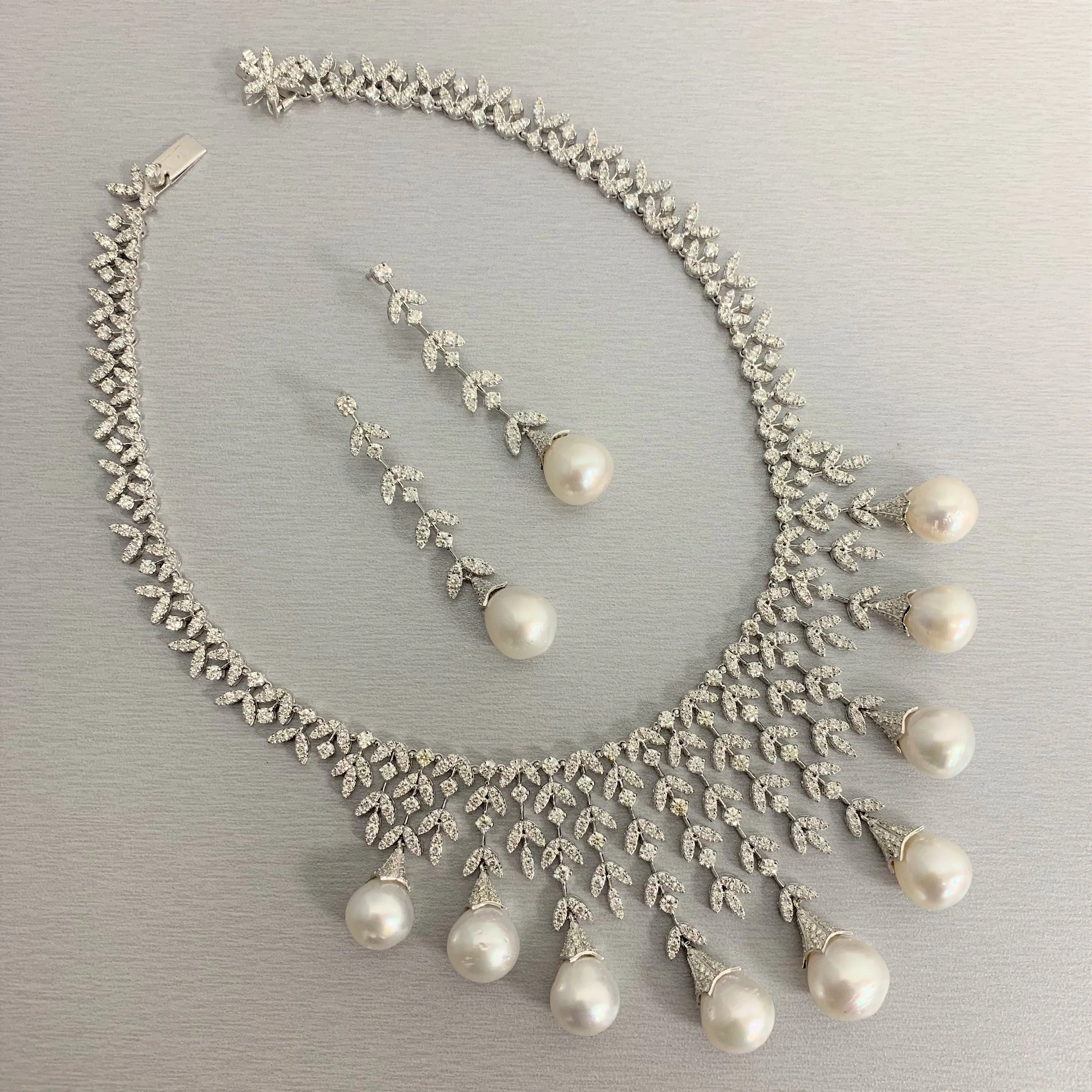 Diamond & Pearl Vines Necklace (156.06 ct Pearls & Diamonds) in White Gold
