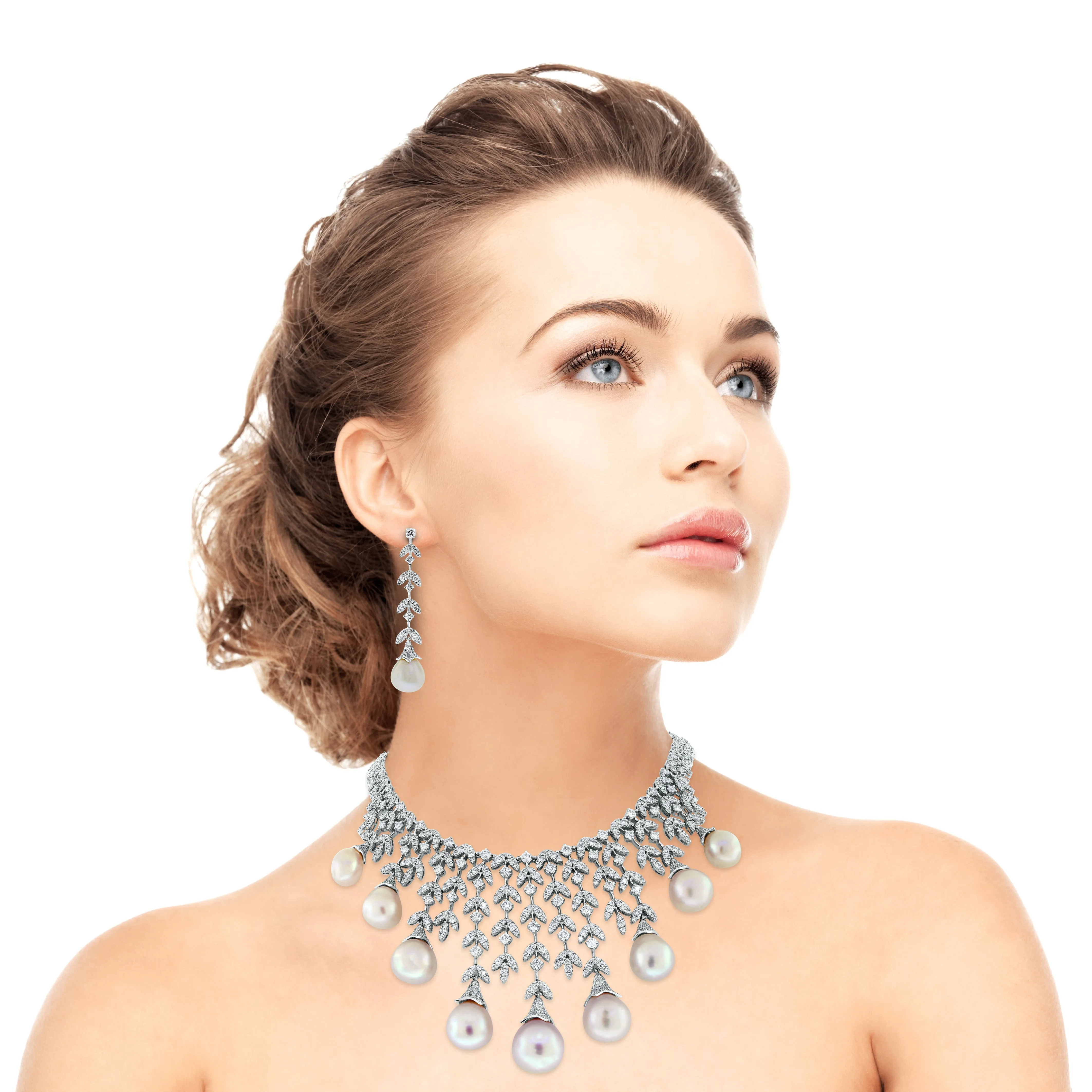 Diamond & Pearl Vines Necklace (156.06 ct Pearls & Diamonds) in White Gold