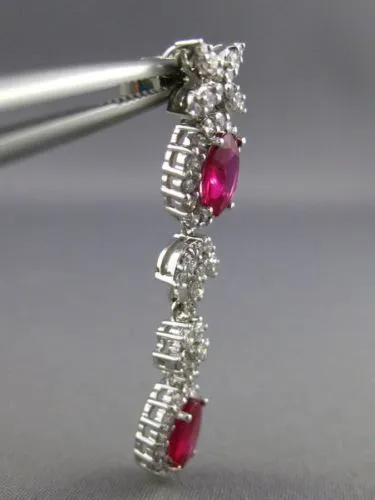 ESTATE LARGE CERTIFIED 4.77CT DIAMOND & RUBY 18KT WHITE GOLD FLORAL EARRINGS E/F