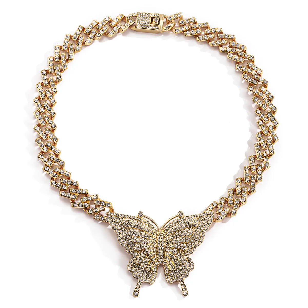 Fashionable Chain Necklace Hip hop Women Big Rhinestone Crystal Butterfly Pendant Necklace Jewelry