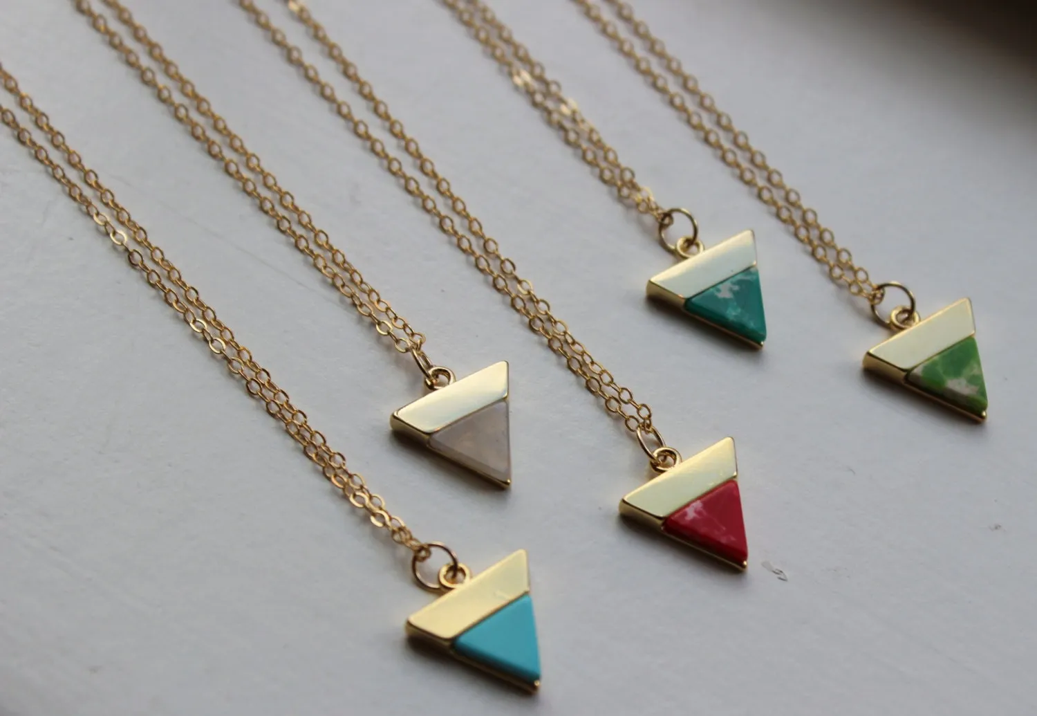 Gold Triangle Necklace, Triangle Jewelry Marble Necklace Marble Jewelry Minimalist Jewelry Bridesmaid Gift Dainty Labradorite Ruby Turquoise