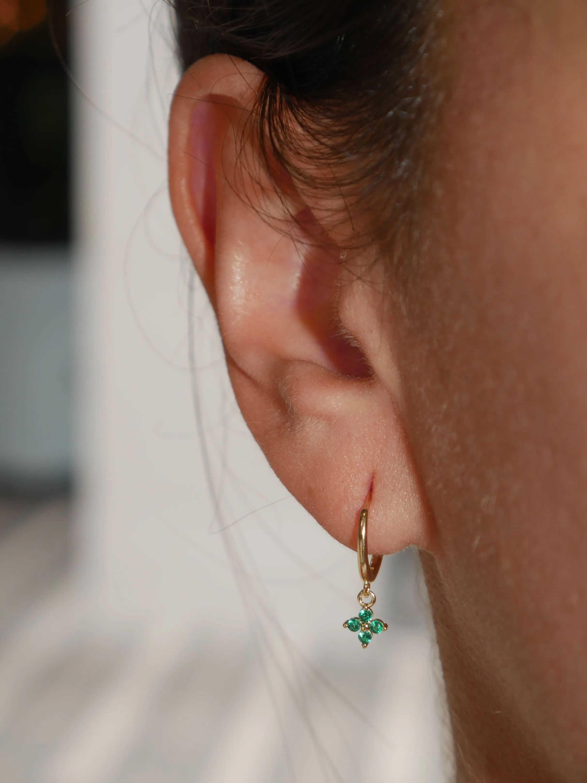 Green Flower Charm Dangle Small Hoop Huggie Earrings 18K Gold Plated Sterling Silver 925 Luxury Hypoallergenic Earrings KESLEY
