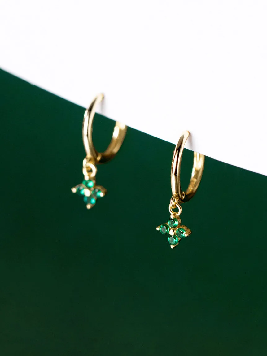 Green Flower Charm Dangle Small Hoop Huggie Earrings 18K Gold Plated Sterling Silver 925 Luxury Hypoallergenic Earrings KESLEY