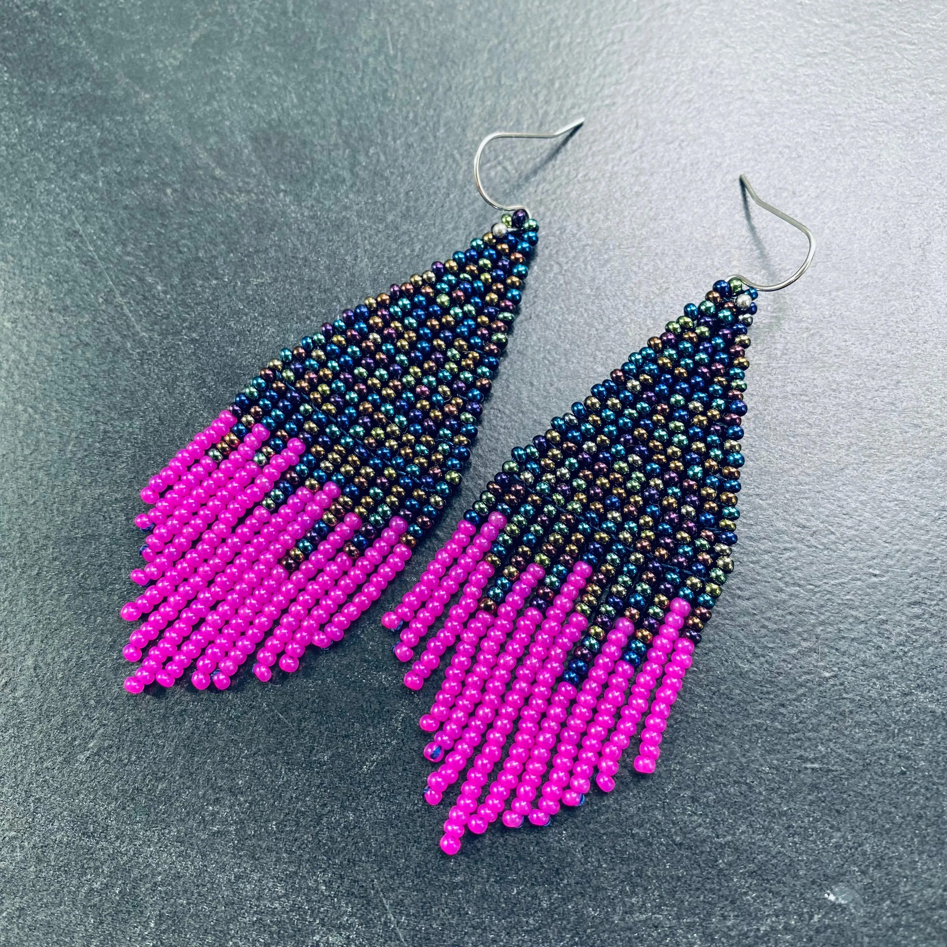 Handmade Bohemian Navy Pink Fringed Earrings