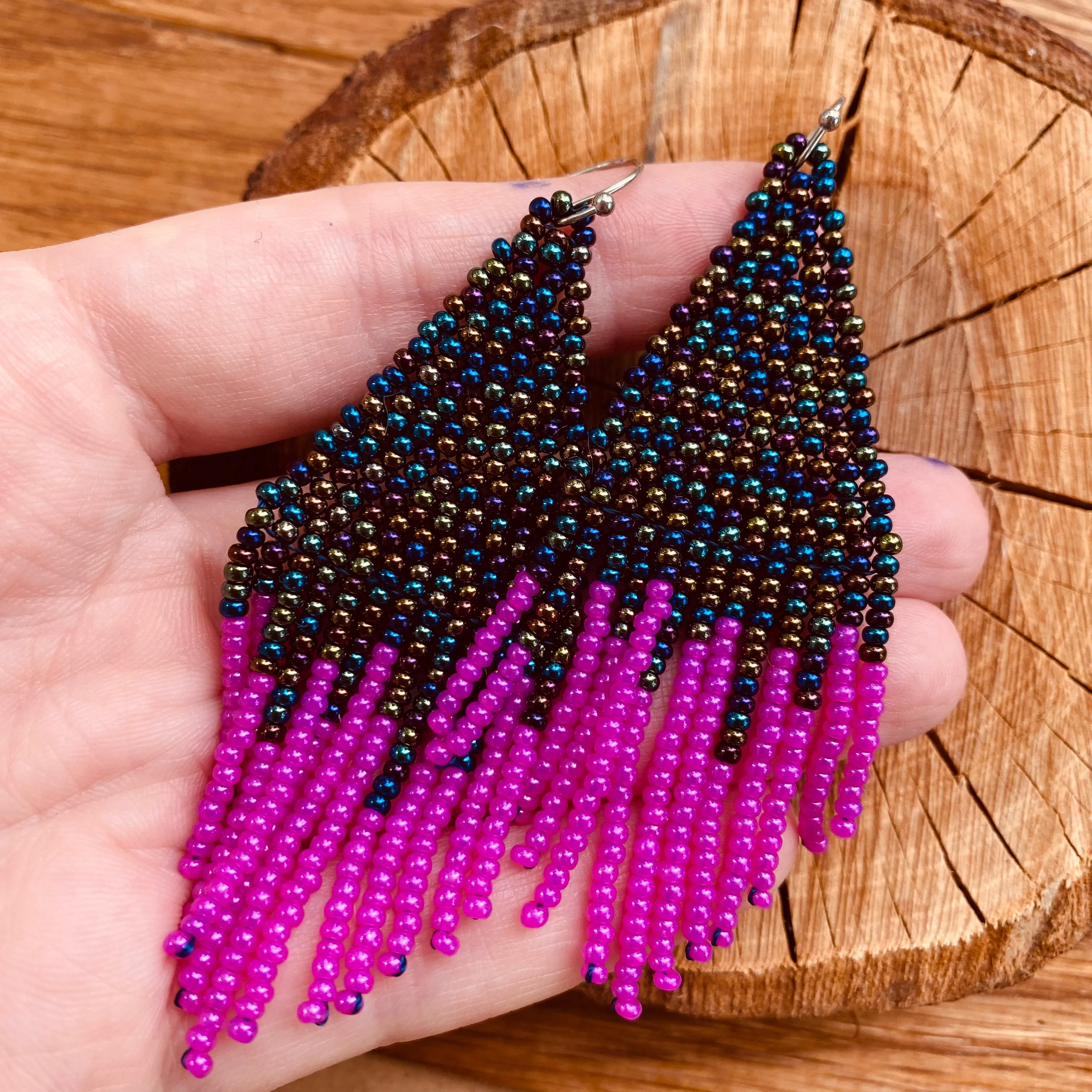 Handmade Bohemian Navy Pink Fringed Earrings