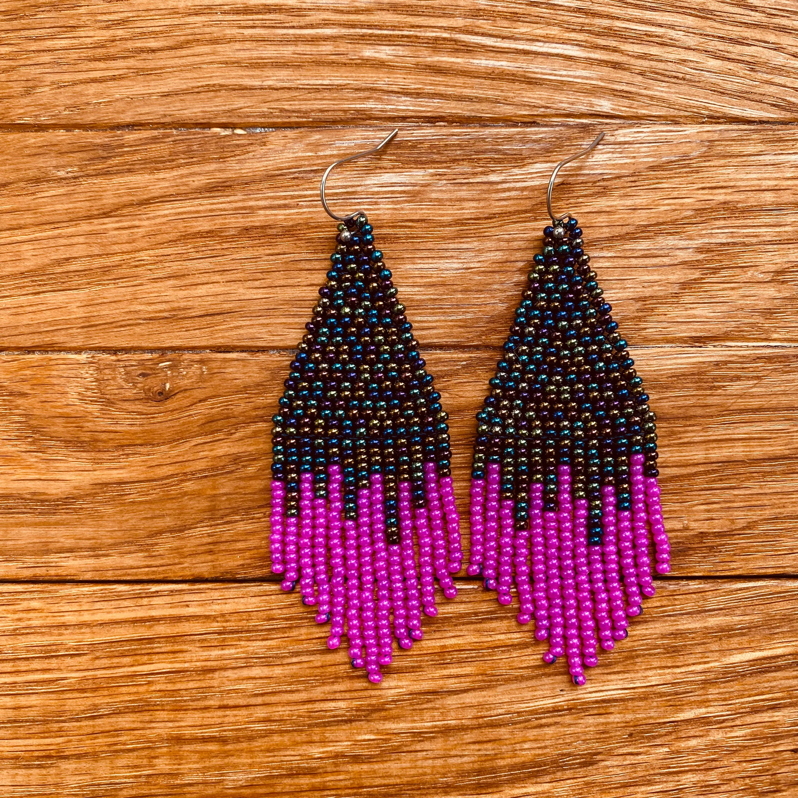 Handmade Bohemian Navy Pink Fringed Earrings