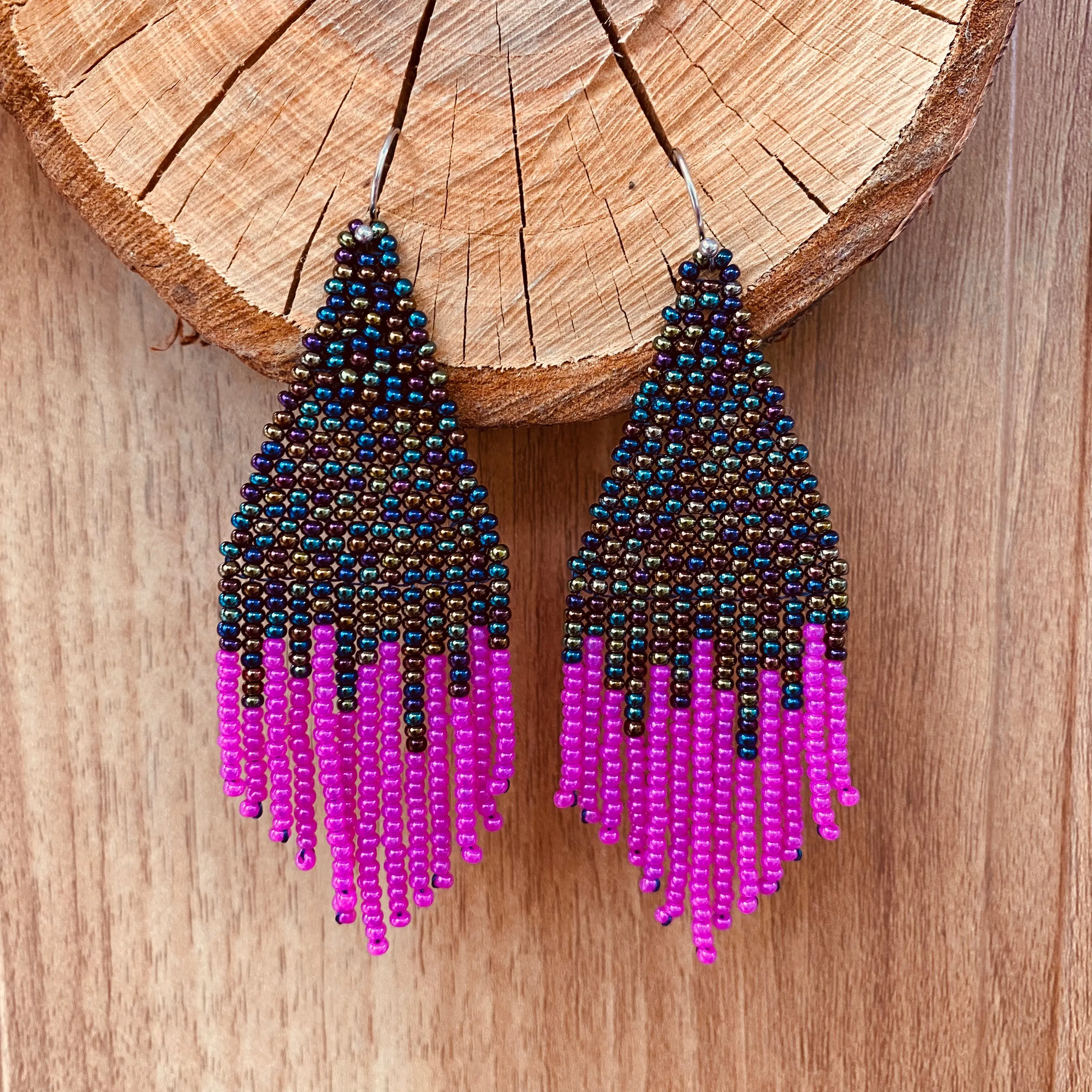 Handmade Bohemian Navy Pink Fringed Earrings