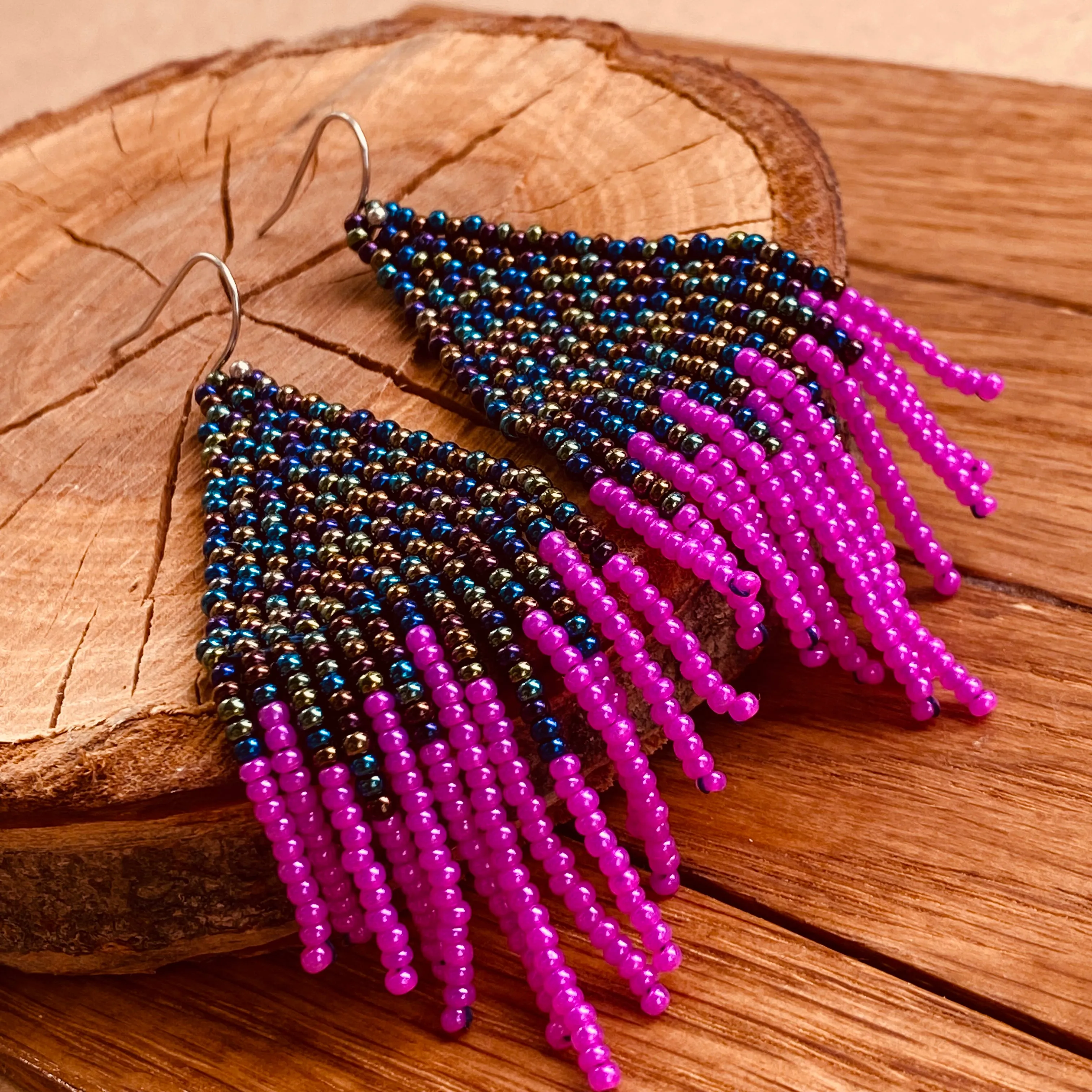 Handmade Bohemian Navy Pink Fringed Earrings