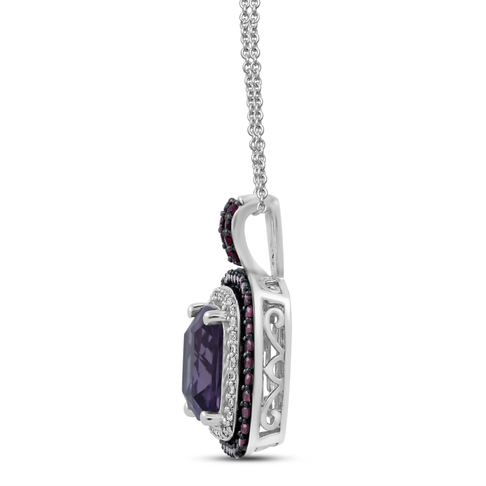 Jewelili Sterling silver Cushion Shape Amethyst and Round Created Ruby with Round Created White Sapphire Pendant Necklace