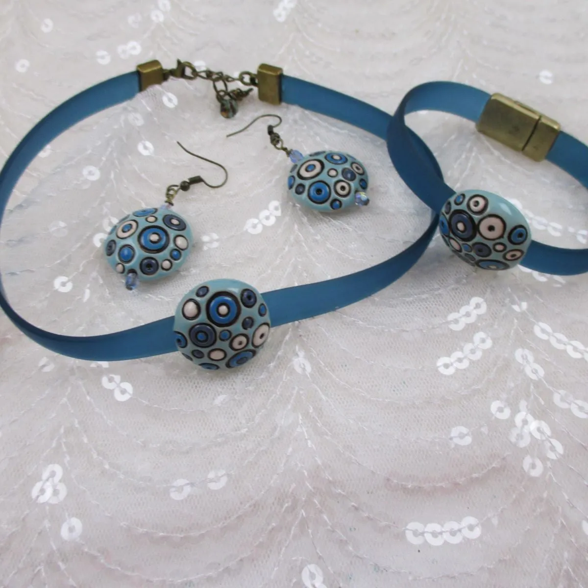 Jewelry Set Teal Ribbon Choker Bracelet Bubble Earrings Handmade