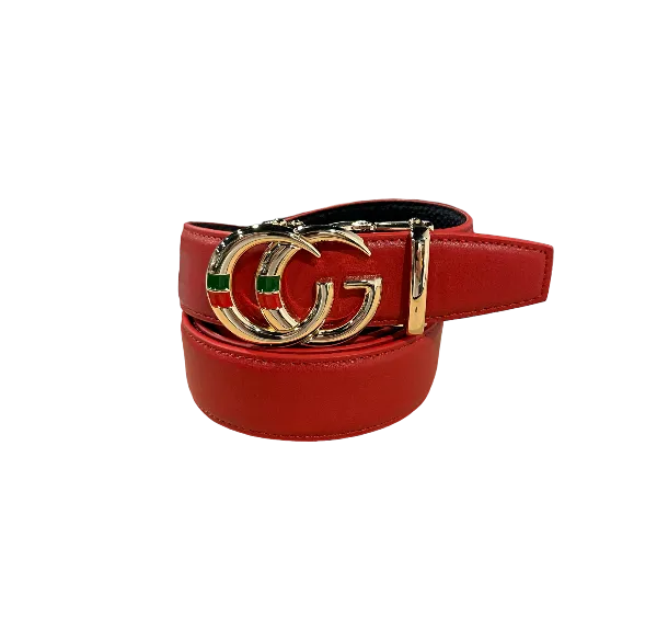Men's CG Gold Buckle Red Leather Belt Luxury Style Red and Green Strip