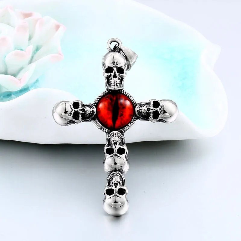 Men's Vintage Titanium Steel Skull Cross Pendant - Punk Ruby Accent Jewelry for Men