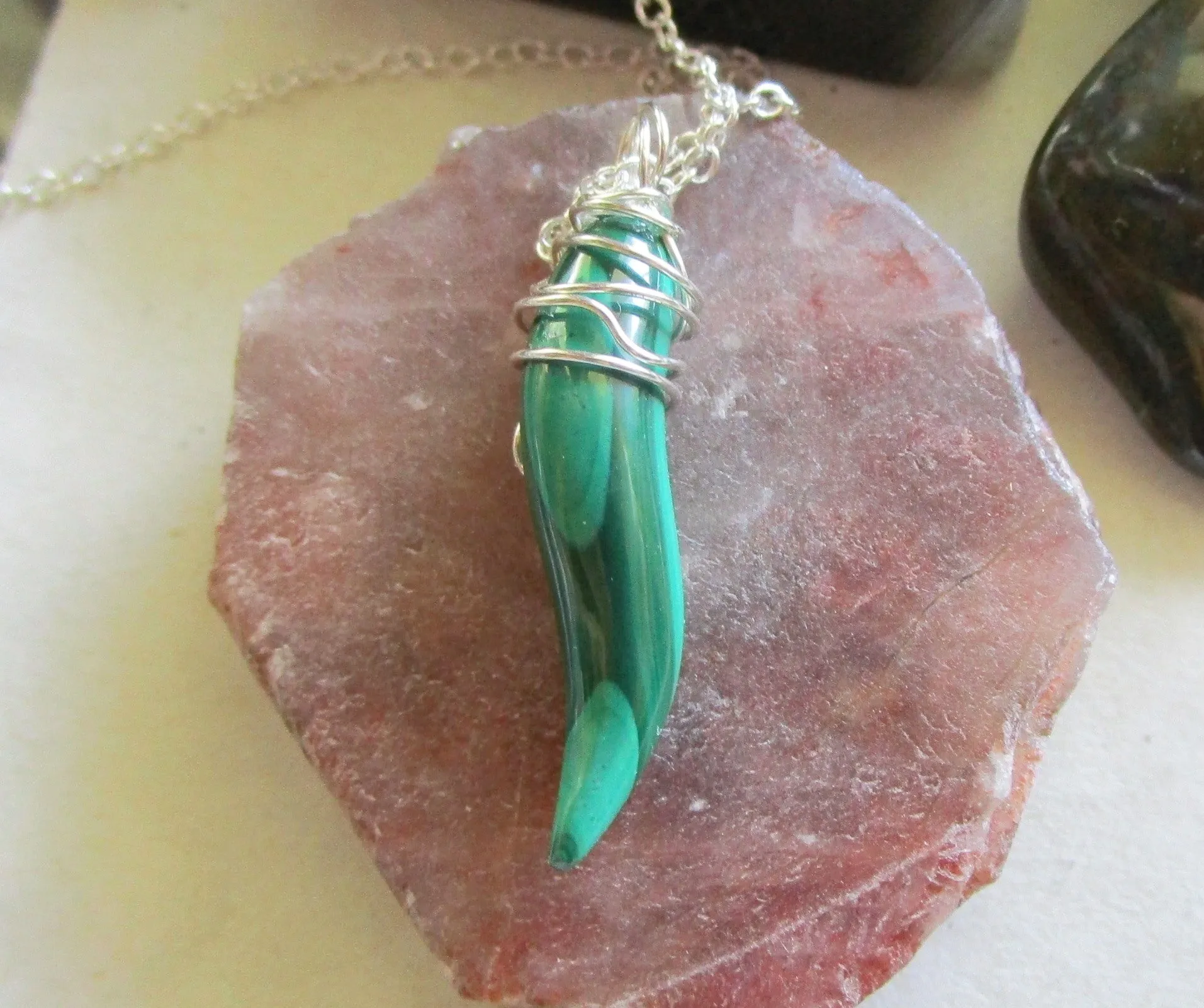 Natural Green Malachite Gemstone Horn Pendant Necklace