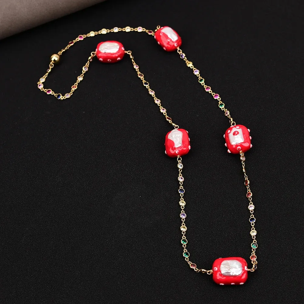 Natural White Keshi Pearl CZ Long Necklace