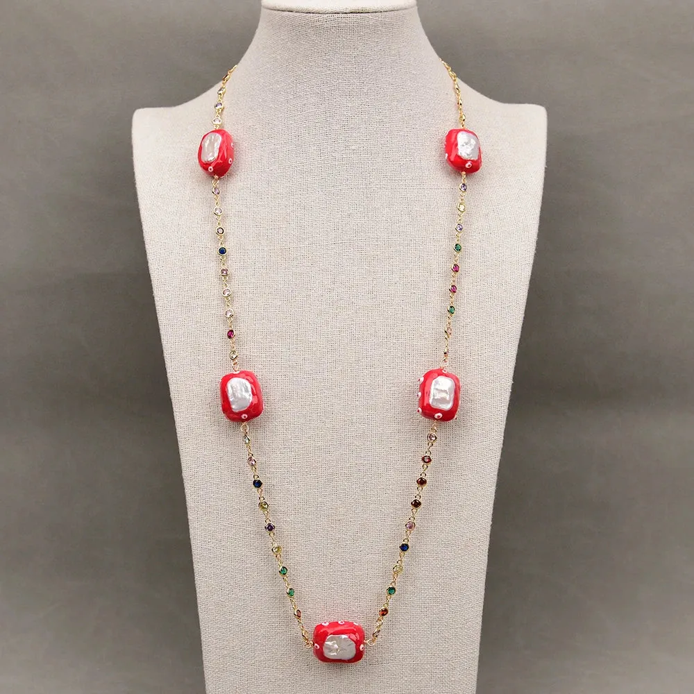 Natural White Keshi Pearl CZ Long Necklace