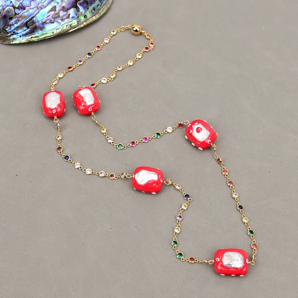 Natural White Keshi Pearl CZ Long Necklace