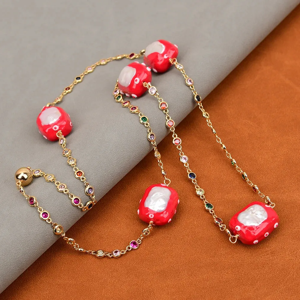 Natural White Keshi Pearl CZ Long Necklace