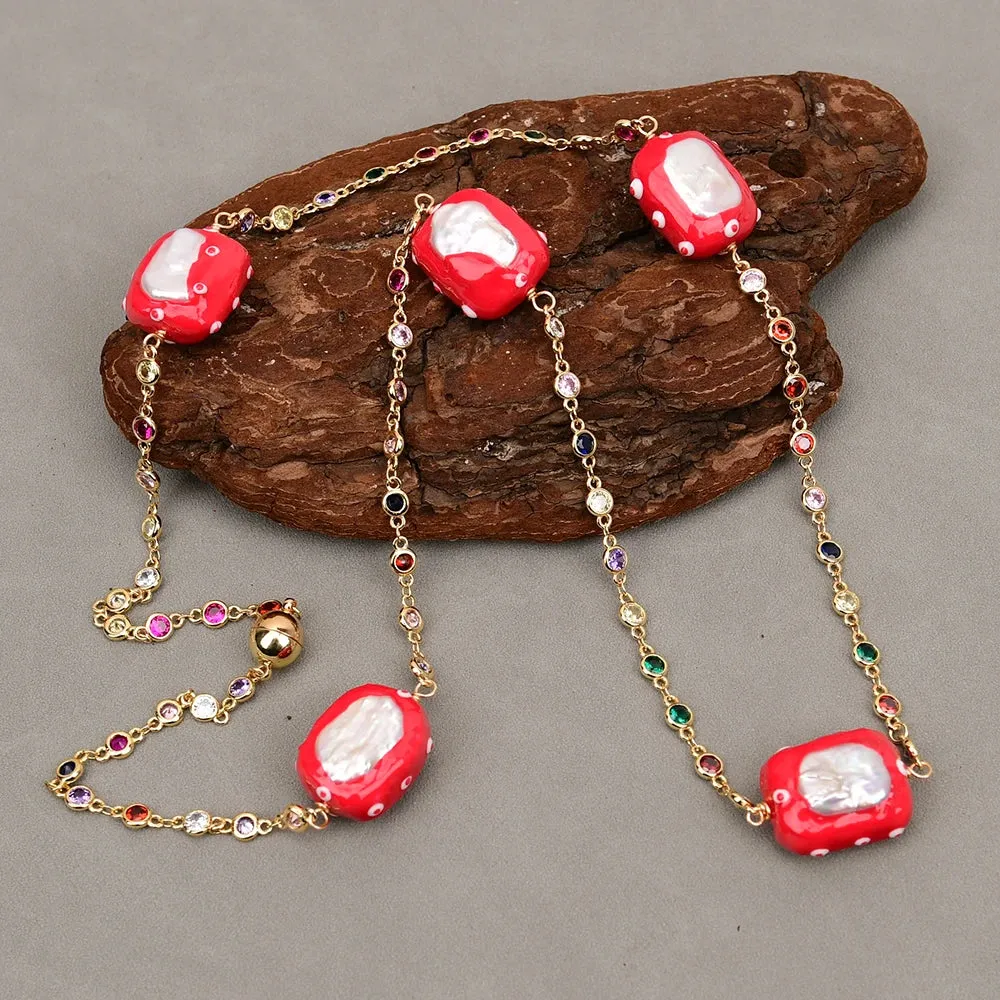 Natural White Keshi Pearl CZ Long Necklace