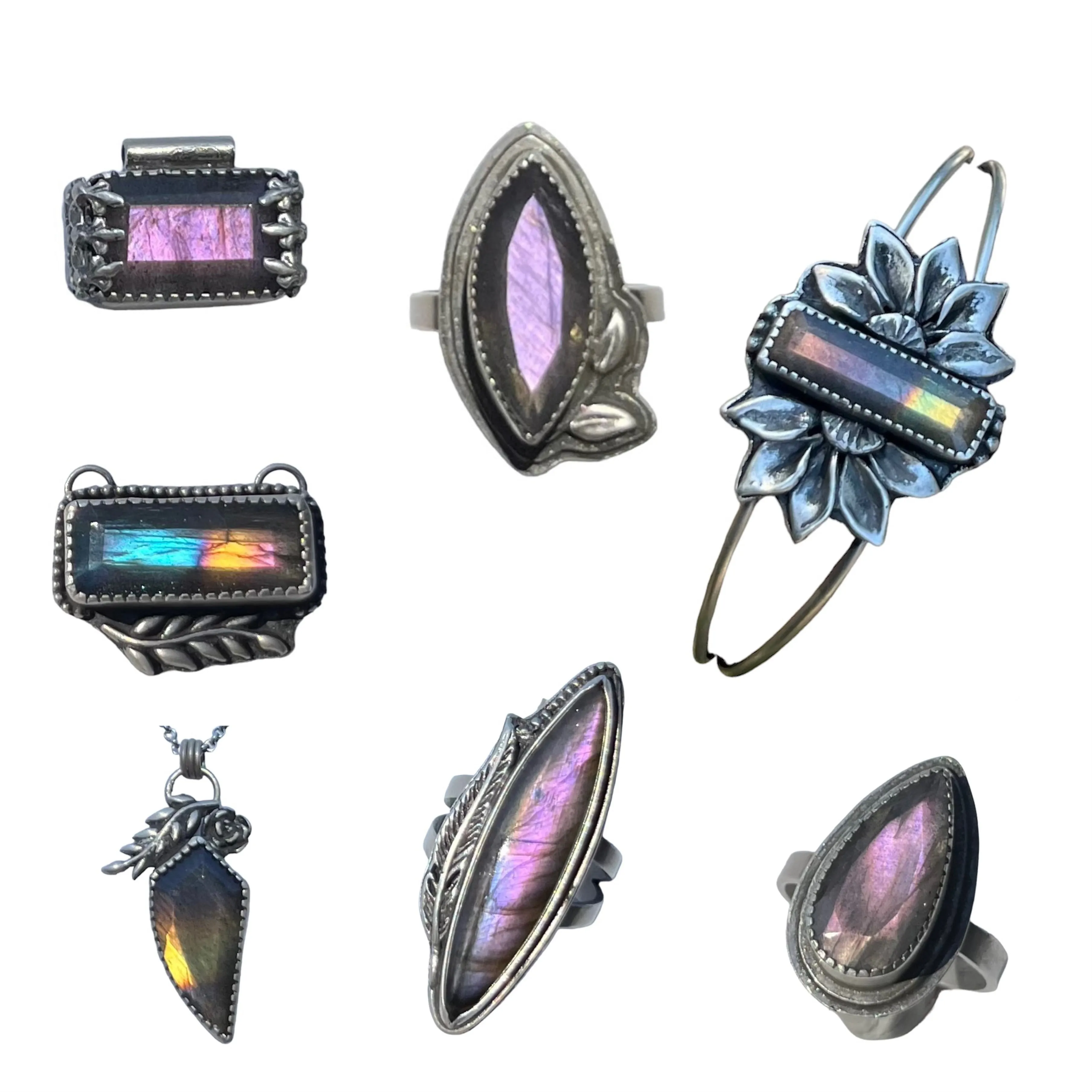 Purple Marquise Labradorite Ring with Leaves