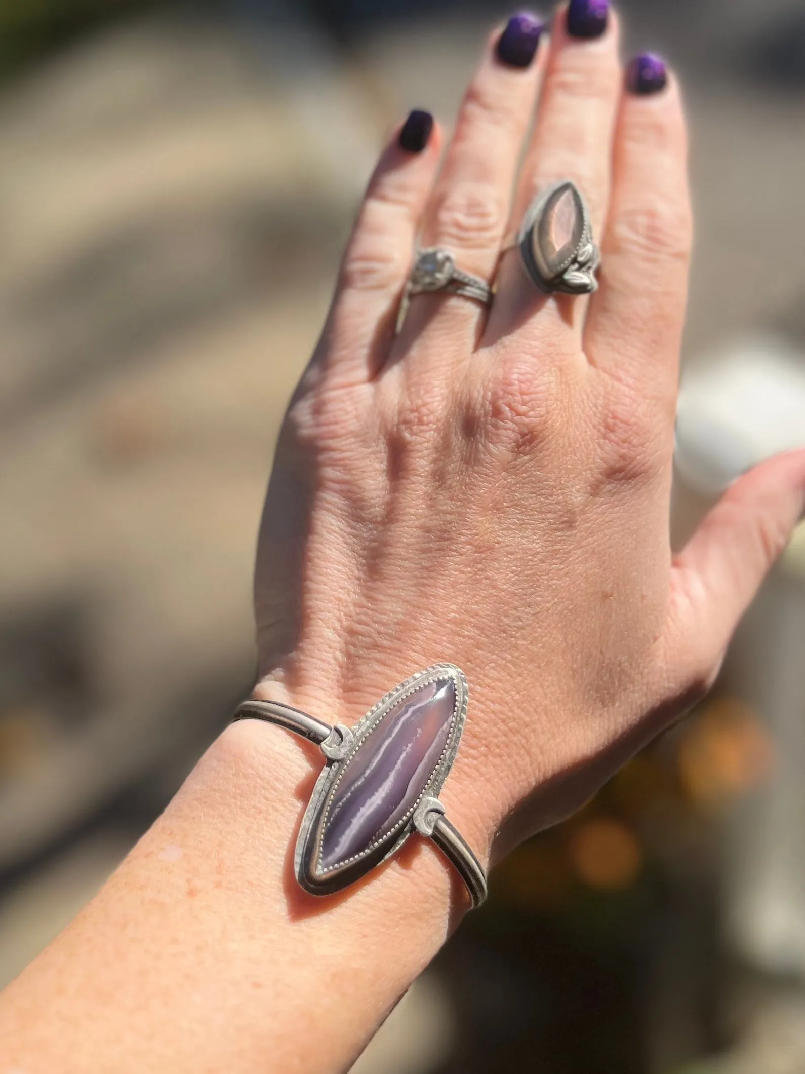 Purple Marquise Labradorite Ring with Leaves