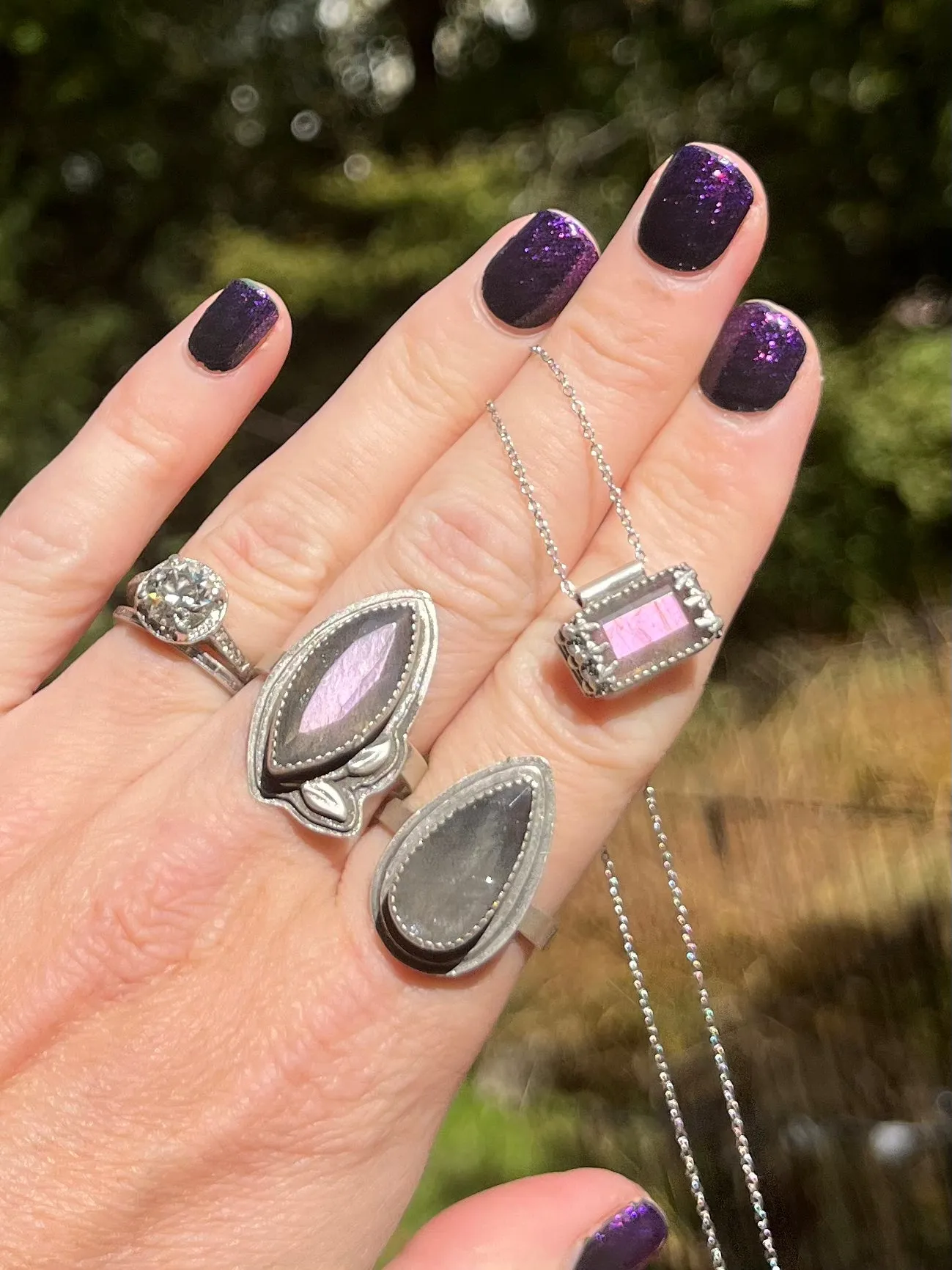 Purple Marquise Labradorite Ring with Leaves