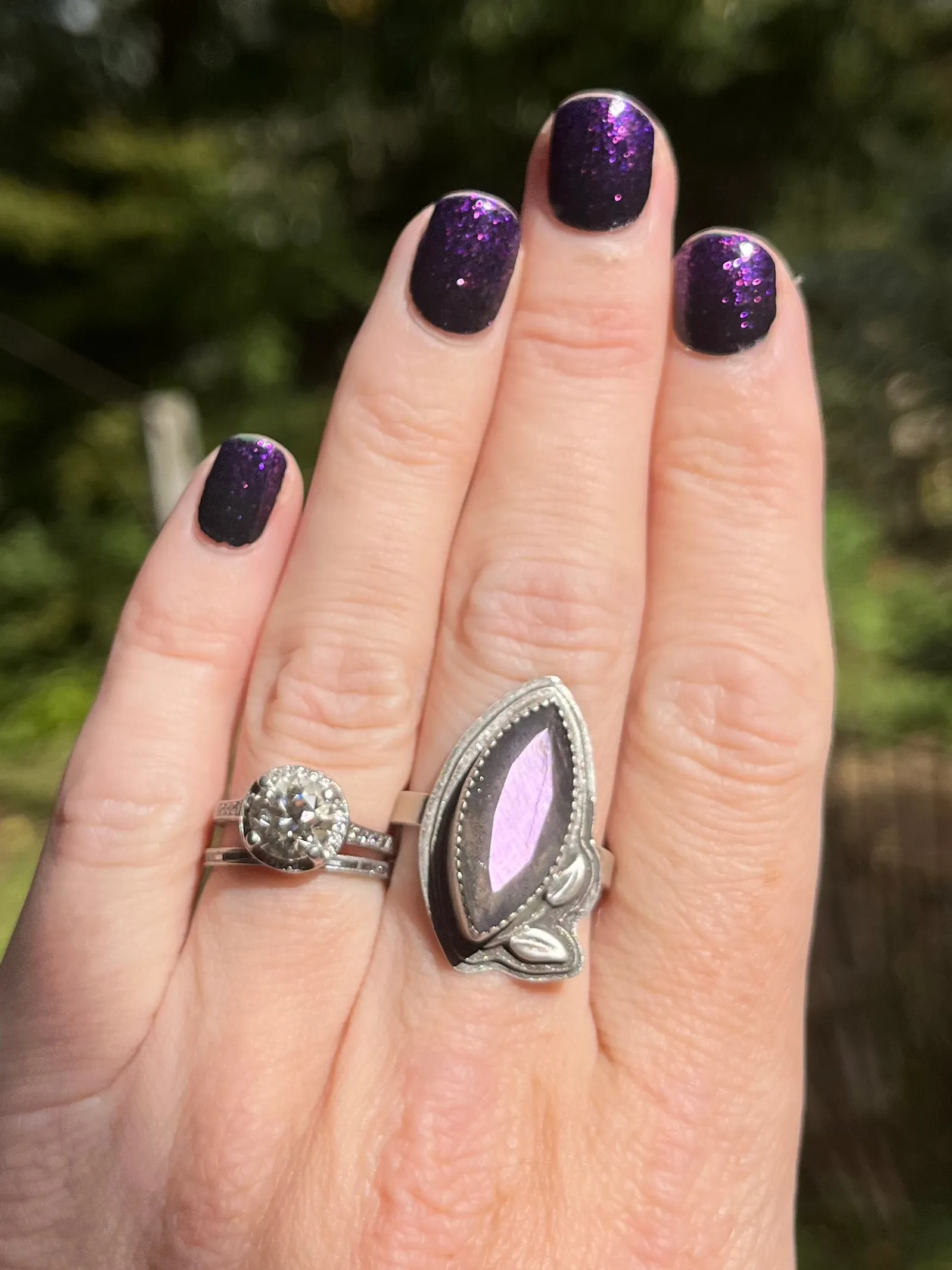 Purple Marquise Labradorite Ring with Leaves