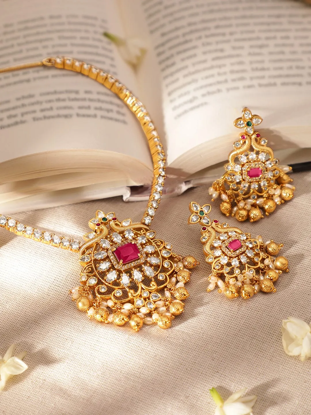 Rubans 22K Gold Plated Ruby & Cubic Zirconia Studded Jewellery Set with Golden & Pearl Beads