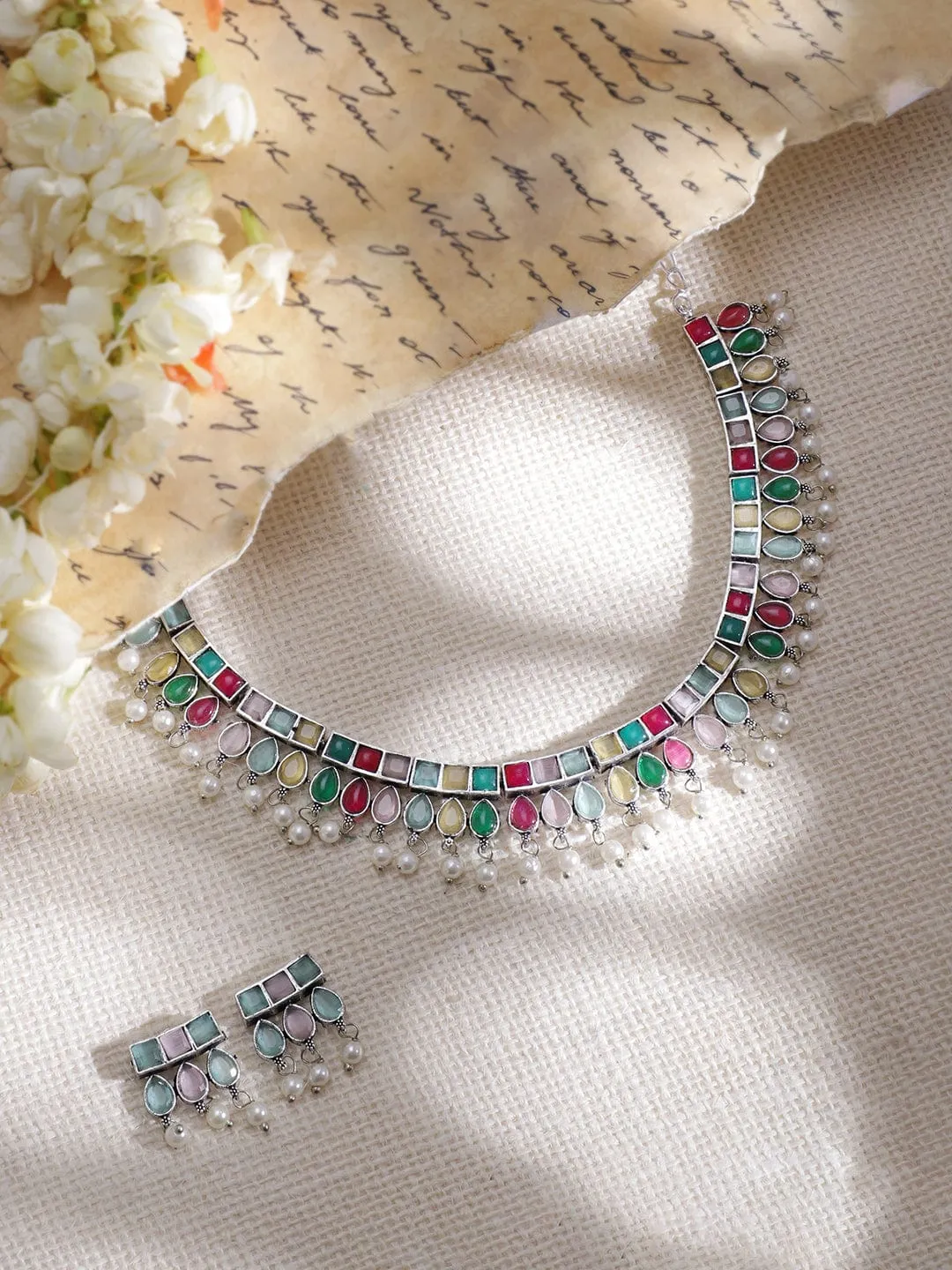 Rubans Oxidized Silver-Plated Multicolor Stone Studded with Pearl Beads Jewellery Set