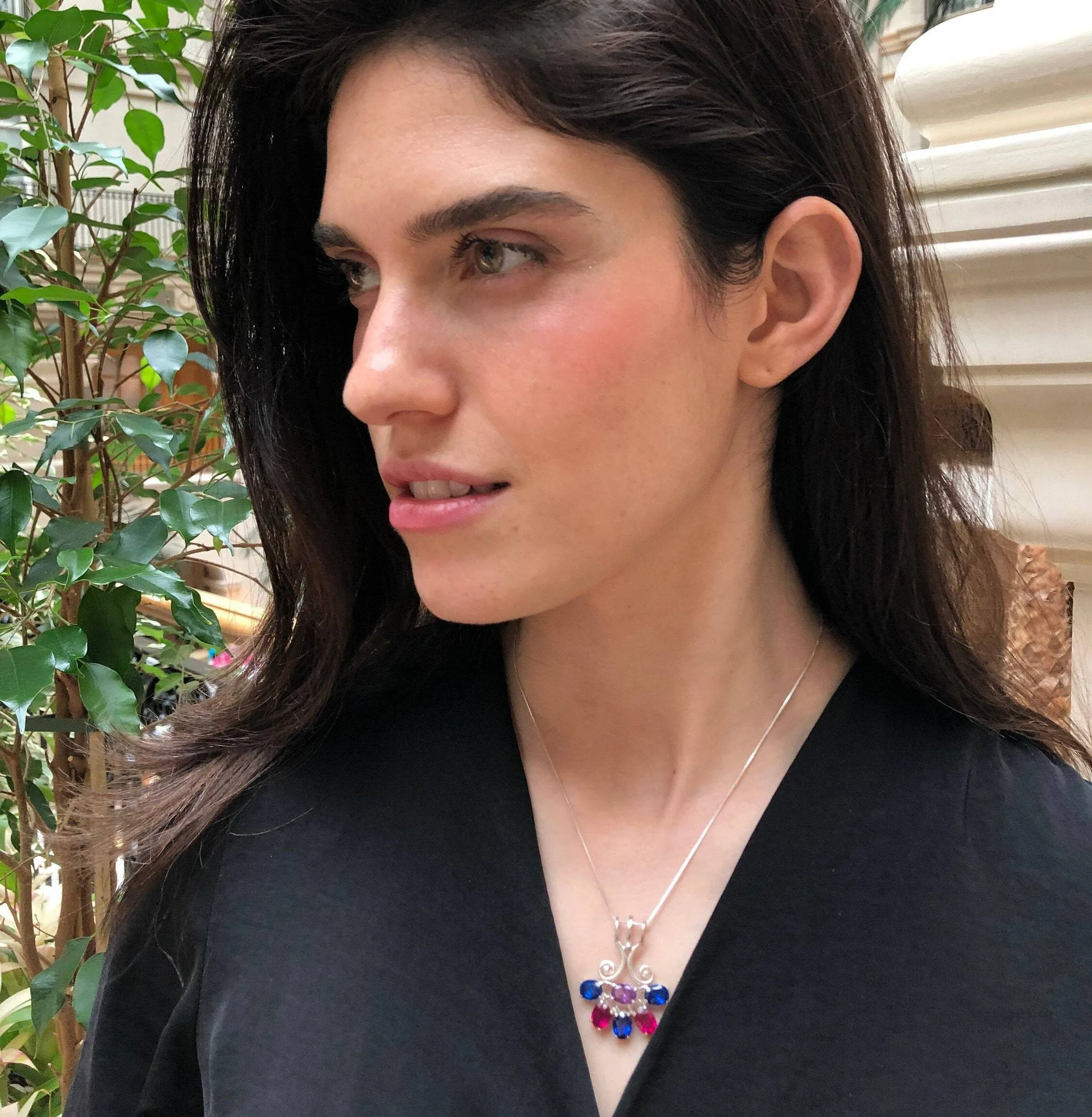 Silver Artistic Pendant - Large Multistone Necklace - Colorful Statement Pendant